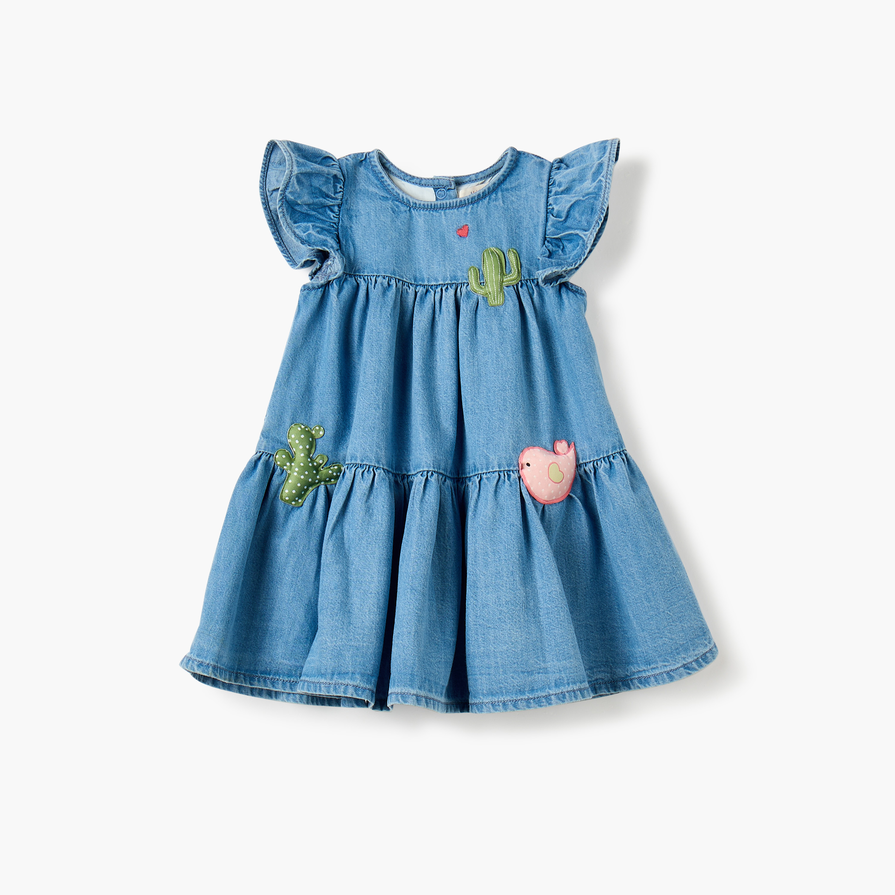فستان دينم متعدد الطبقات بياقة مستديرة وأكمام واسعة وزخارف من جونيورز-baby-girls-clothing-dressesandjumpsuits-image-1