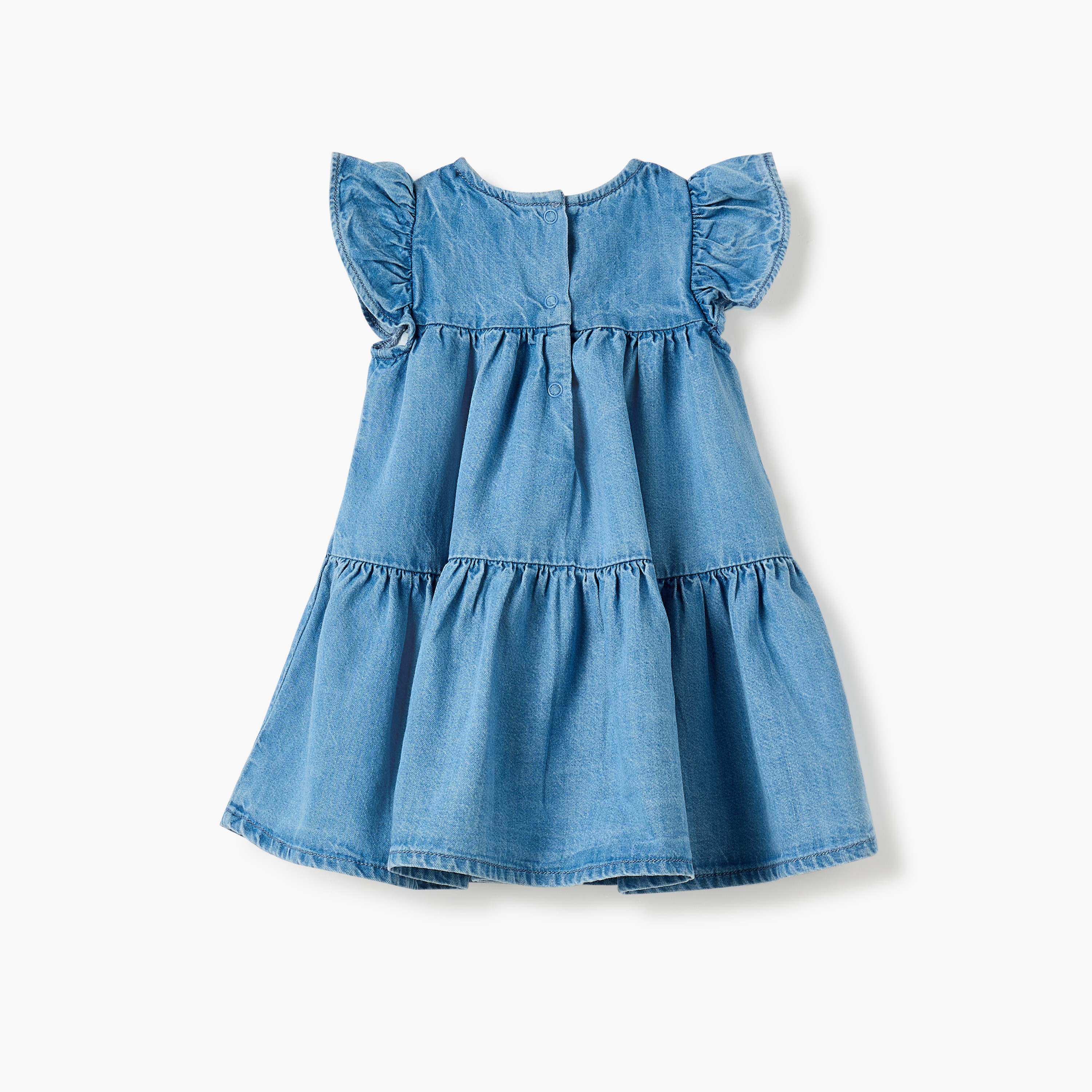 فستان دينم متعدد الطبقات بياقة مستديرة وأكمام واسعة وزخارف من جونيورز-baby-girls-clothing-dressesandjumpsuits-image-2