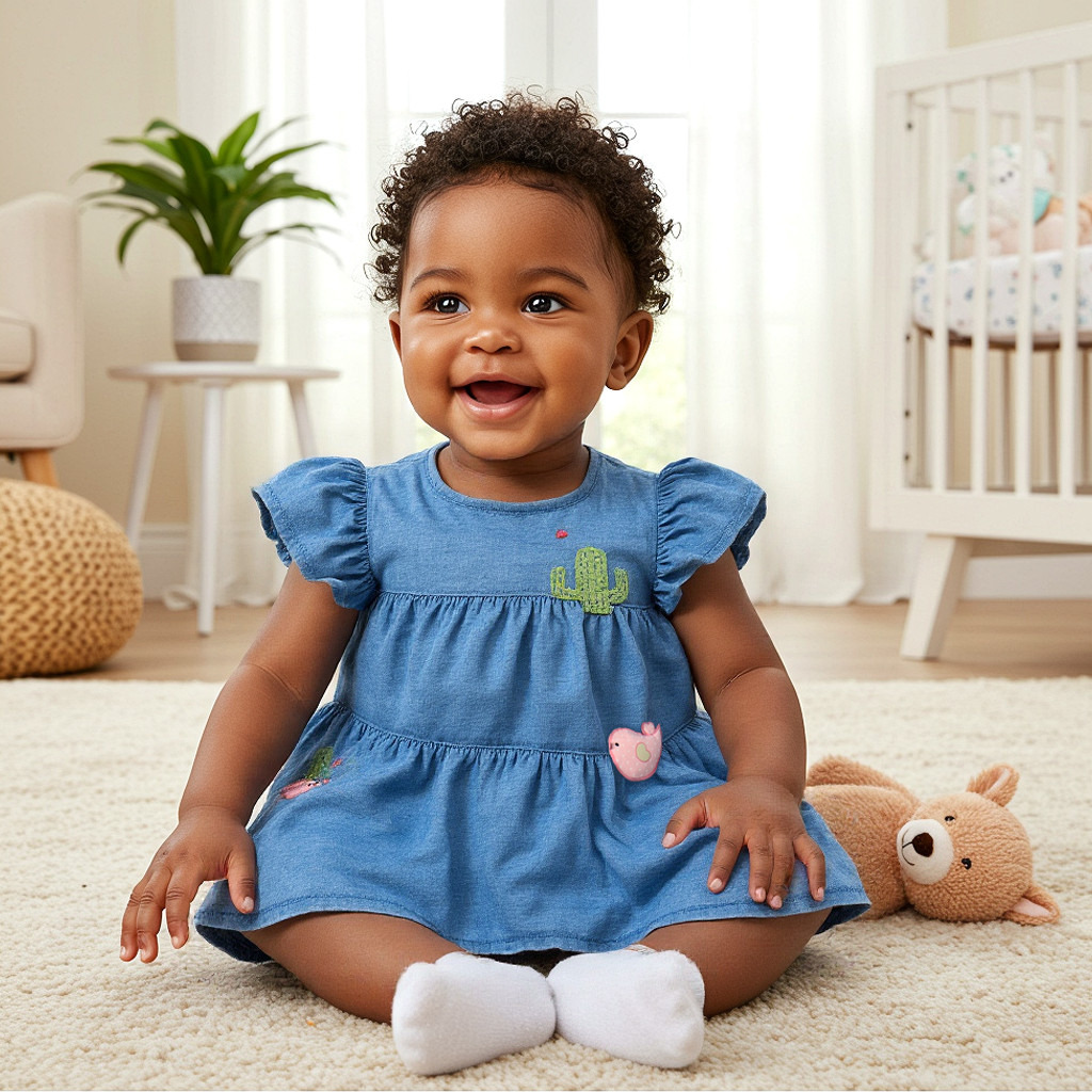 فستان دينم متعدد الطبقات بياقة مستديرة وأكمام واسعة وزخارف من جونيورز-baby-girls-clothing-dressesandjumpsuits-image-5