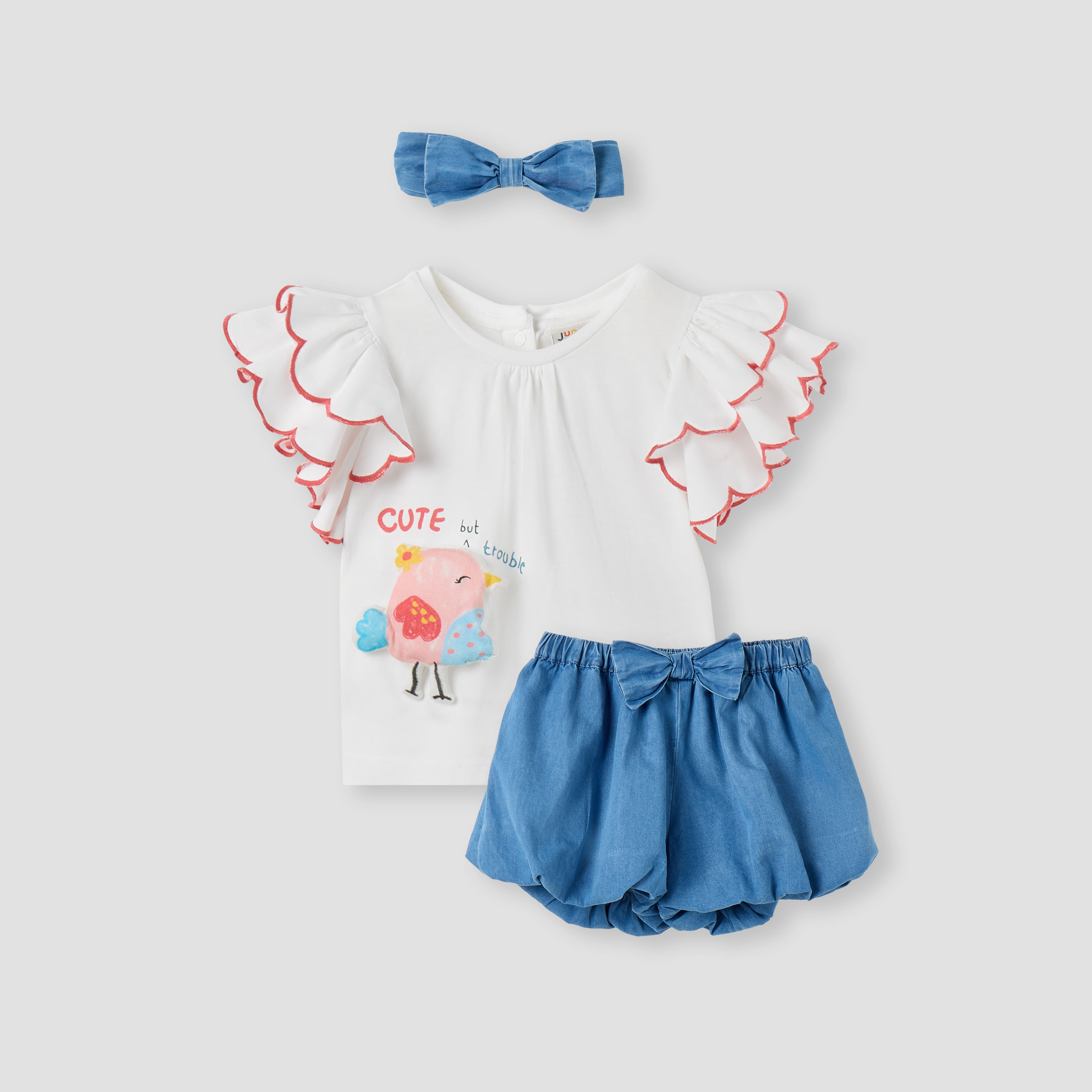 بلوزة بزخارف طائر وتنورة دينم وشريطة رأس من جونيورز-baby-girls-clothing-setsandcoords-image-1