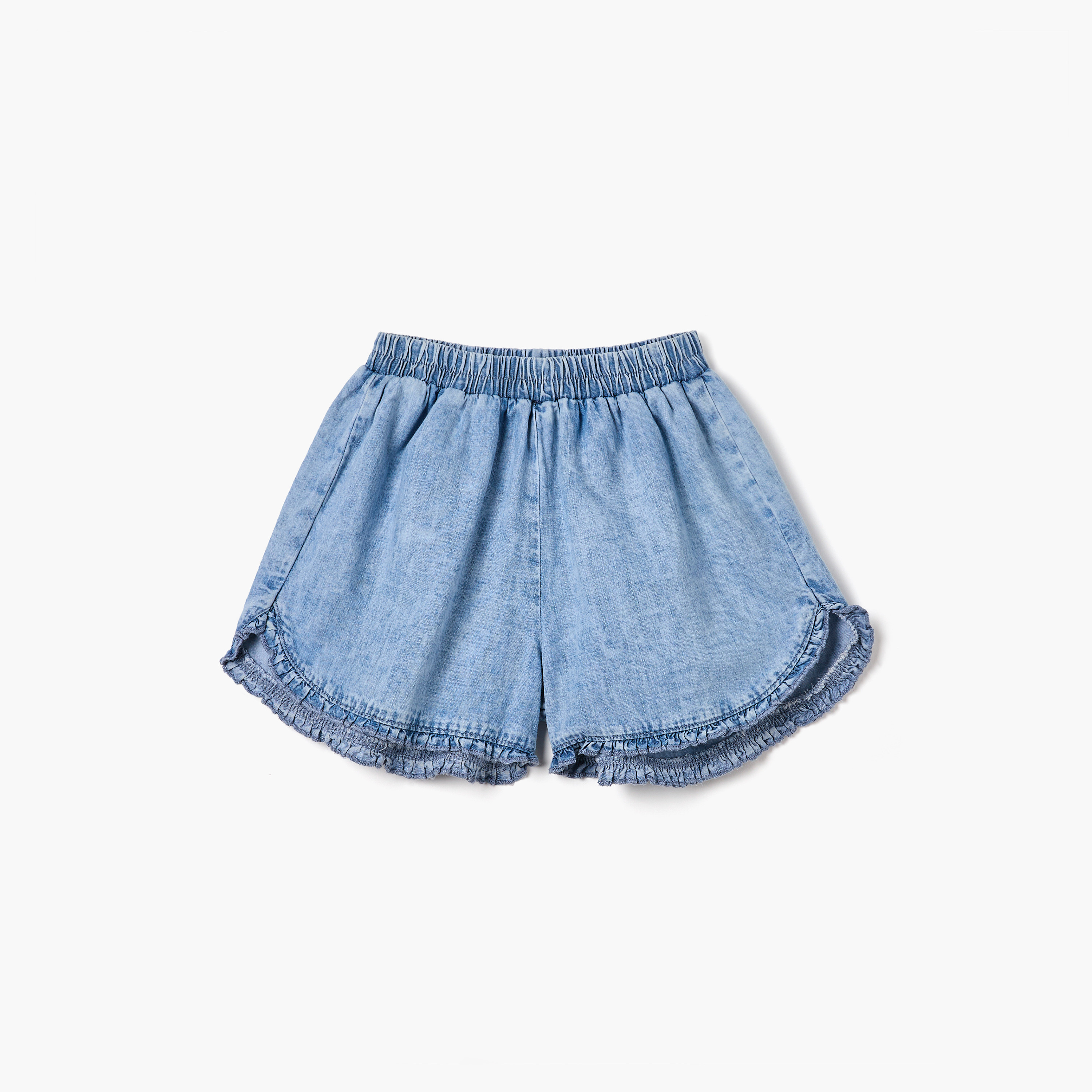 Juniors Solid Denim Shorts with Elasticated Waistband-baby-girls-clothing-bottoms-shorts-image-1