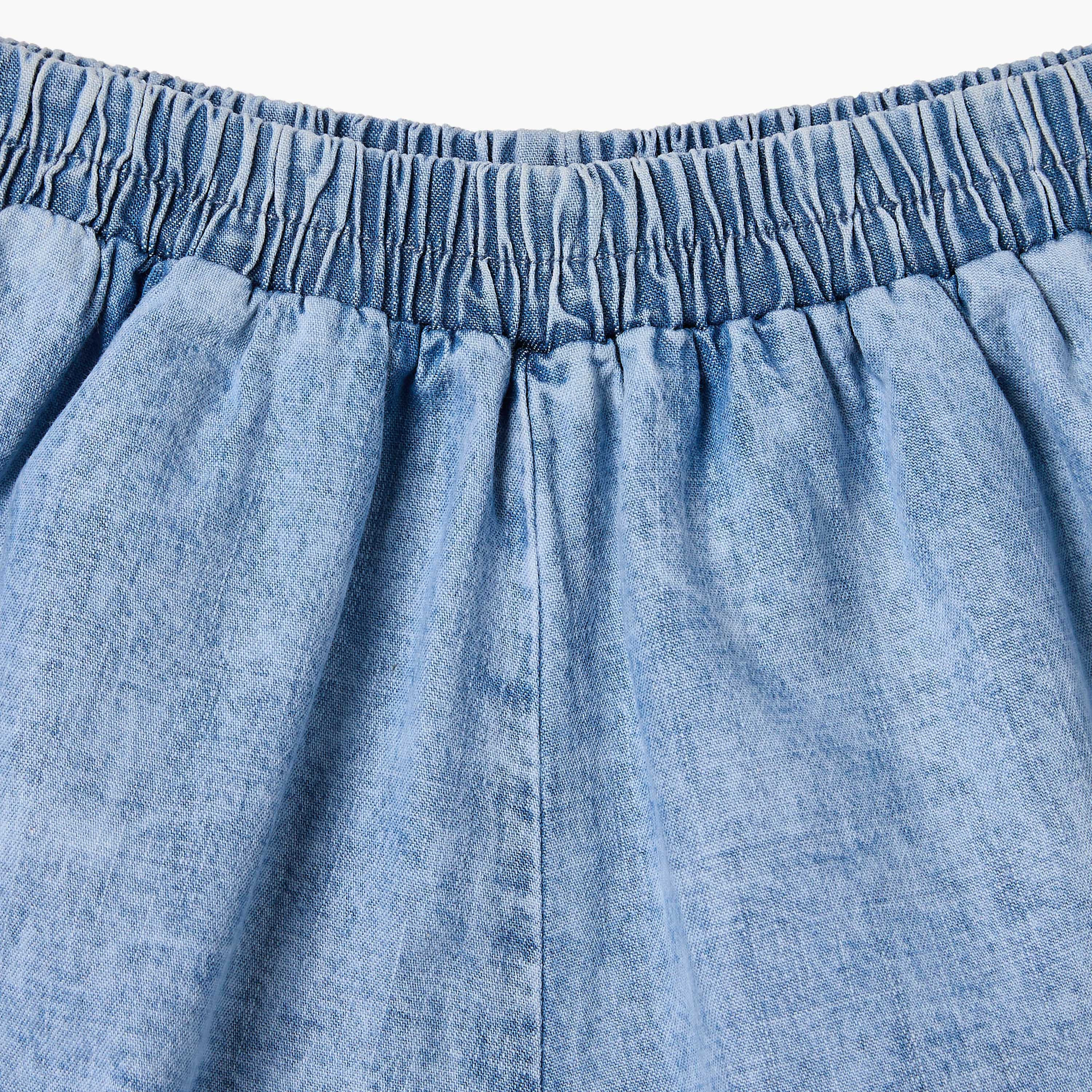 Juniors Solid Denim Shorts with Elasticated Waistband-baby-girls-clothing-bottoms-shorts-image-3