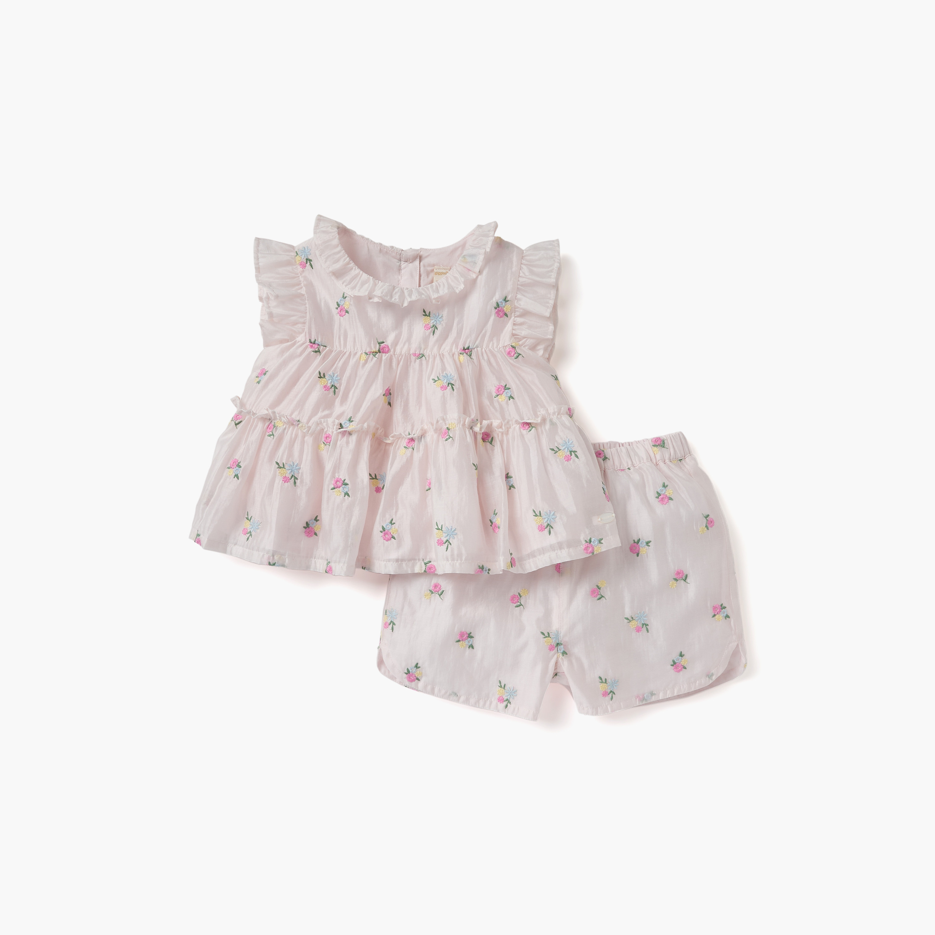 Giggles Floral Embroidered Sleeveless Top and Shorts Set-baby-girls-clothing-setsandcoords-image-1