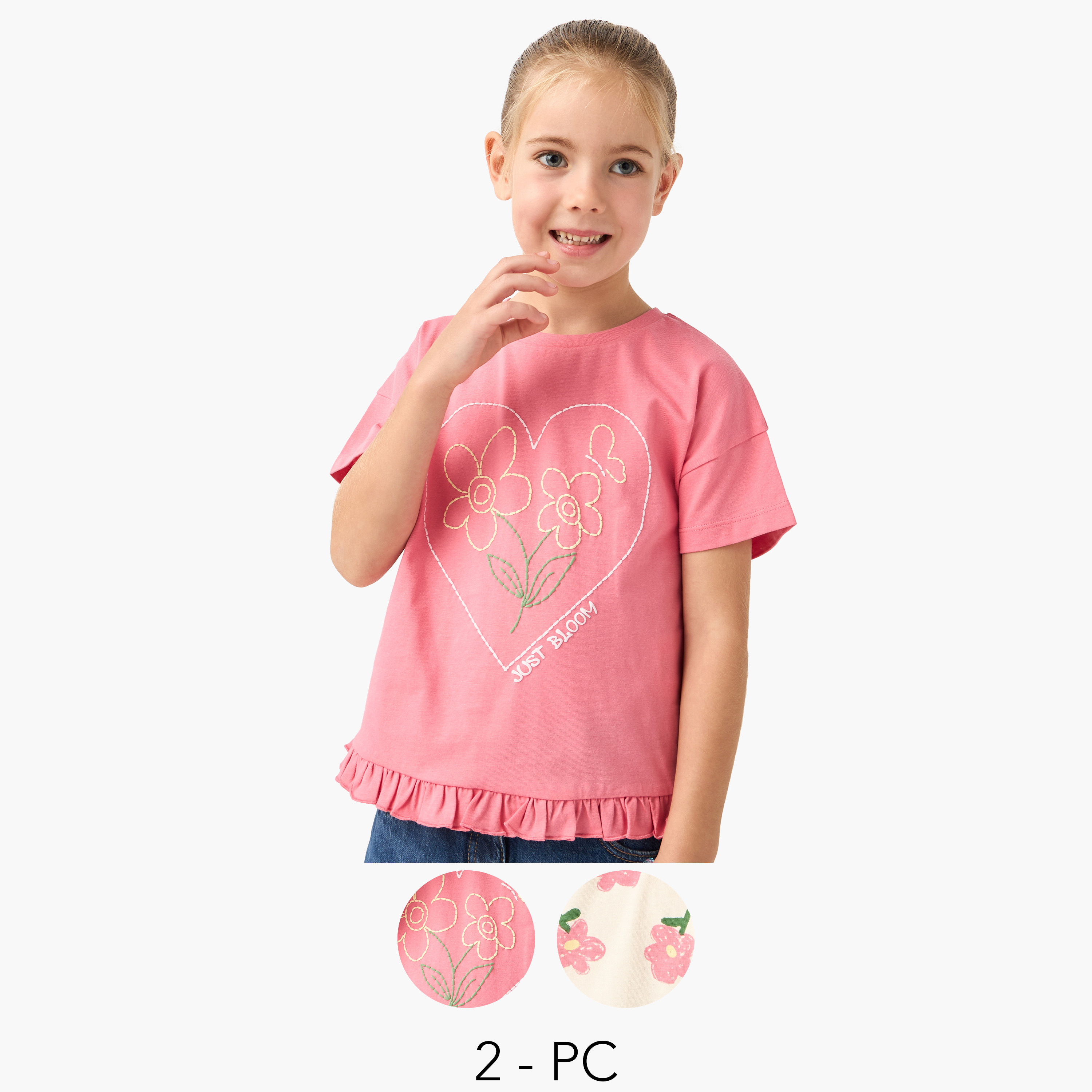 تيشيرتات متنوعة بأكمام قصيرة وياقة مستديرة من جونيورز - طقم من قطعتين-girls-clothing-tshirts-image-1