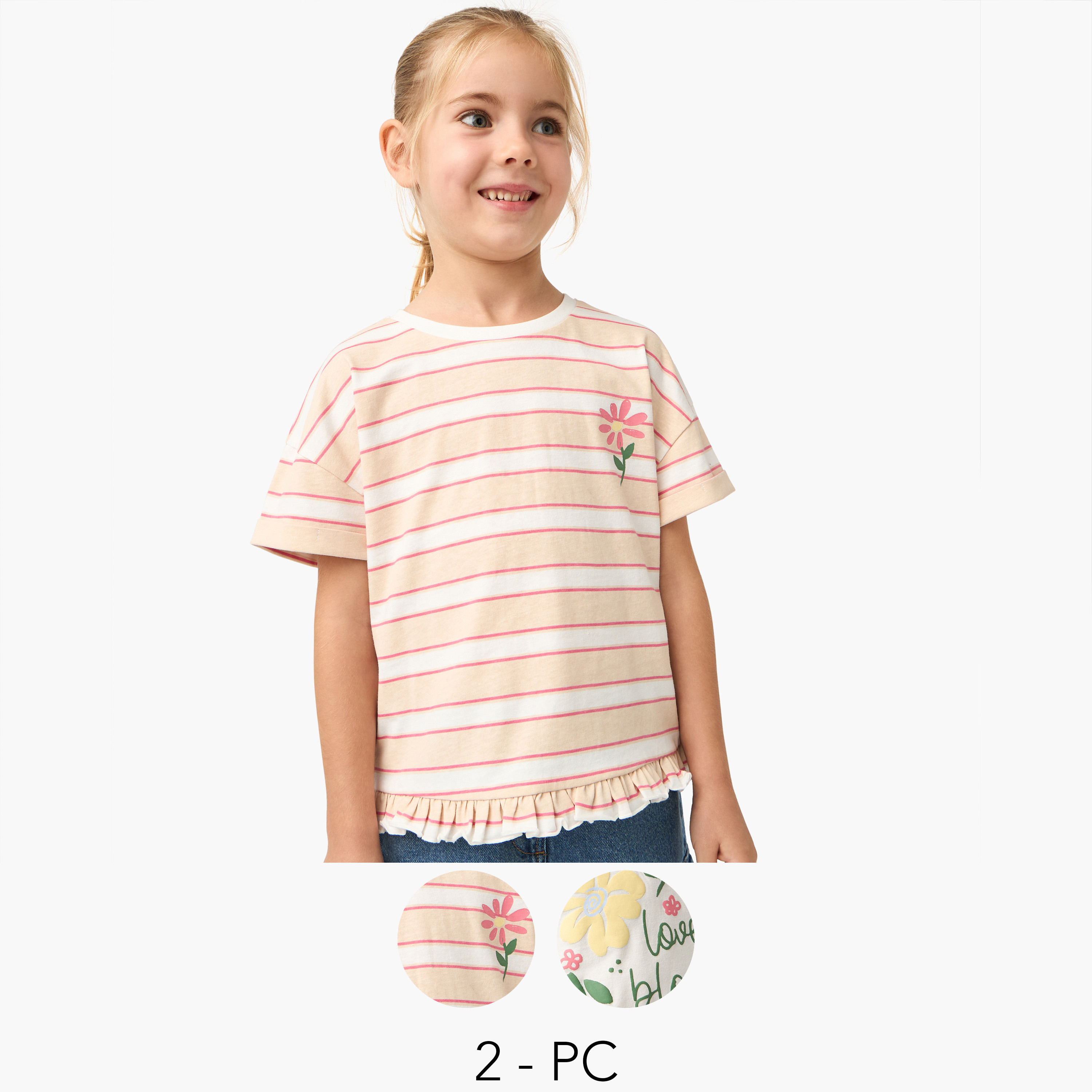 Juniors Floral Print T-shirt with Short Sleeves and Round Neck - Set of 2-girls-clothing-tshirts-image-1