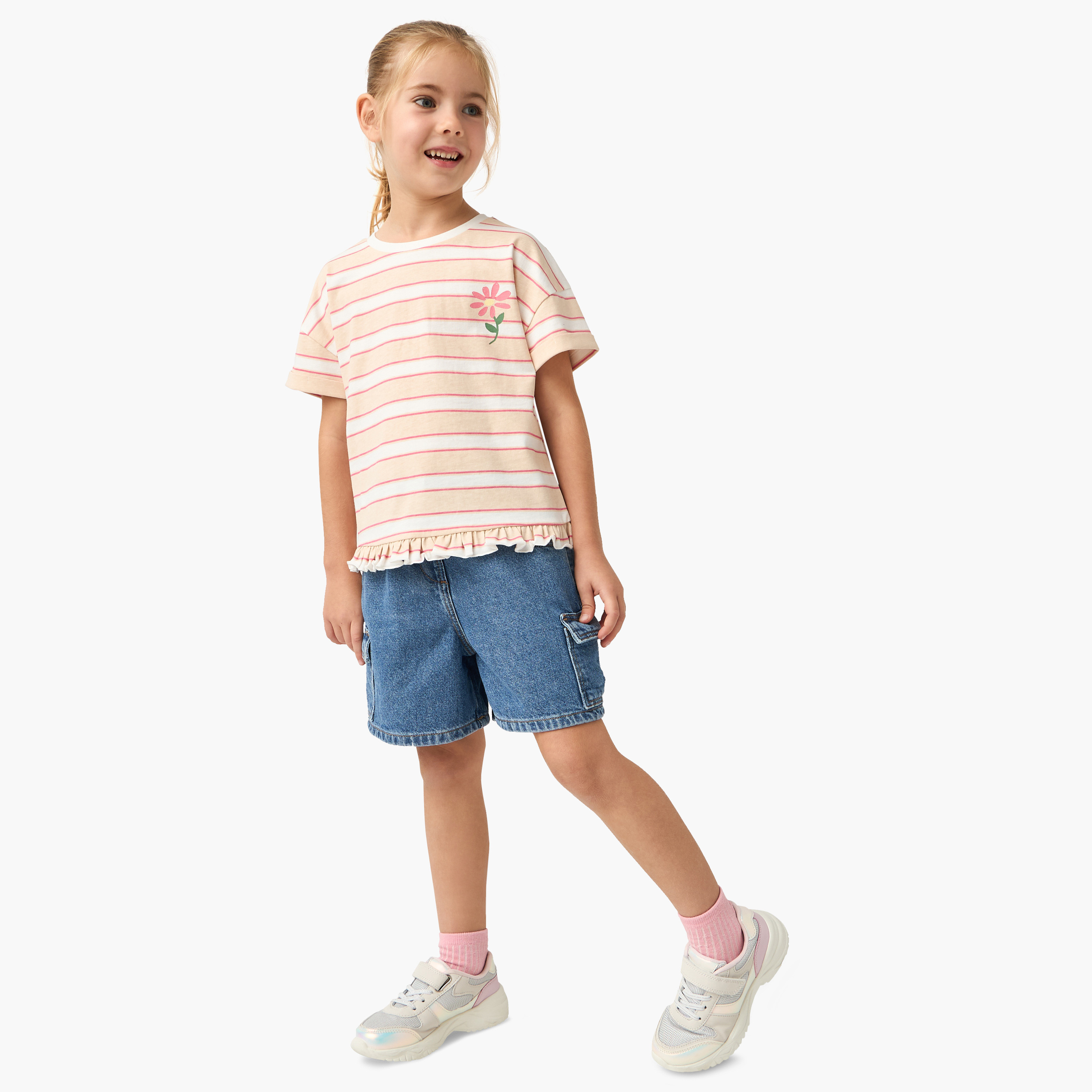 Juniors Floral Print T-shirt with Short Sleeves and Round Neck - Set of 2-girls-clothing-tshirts-image-2