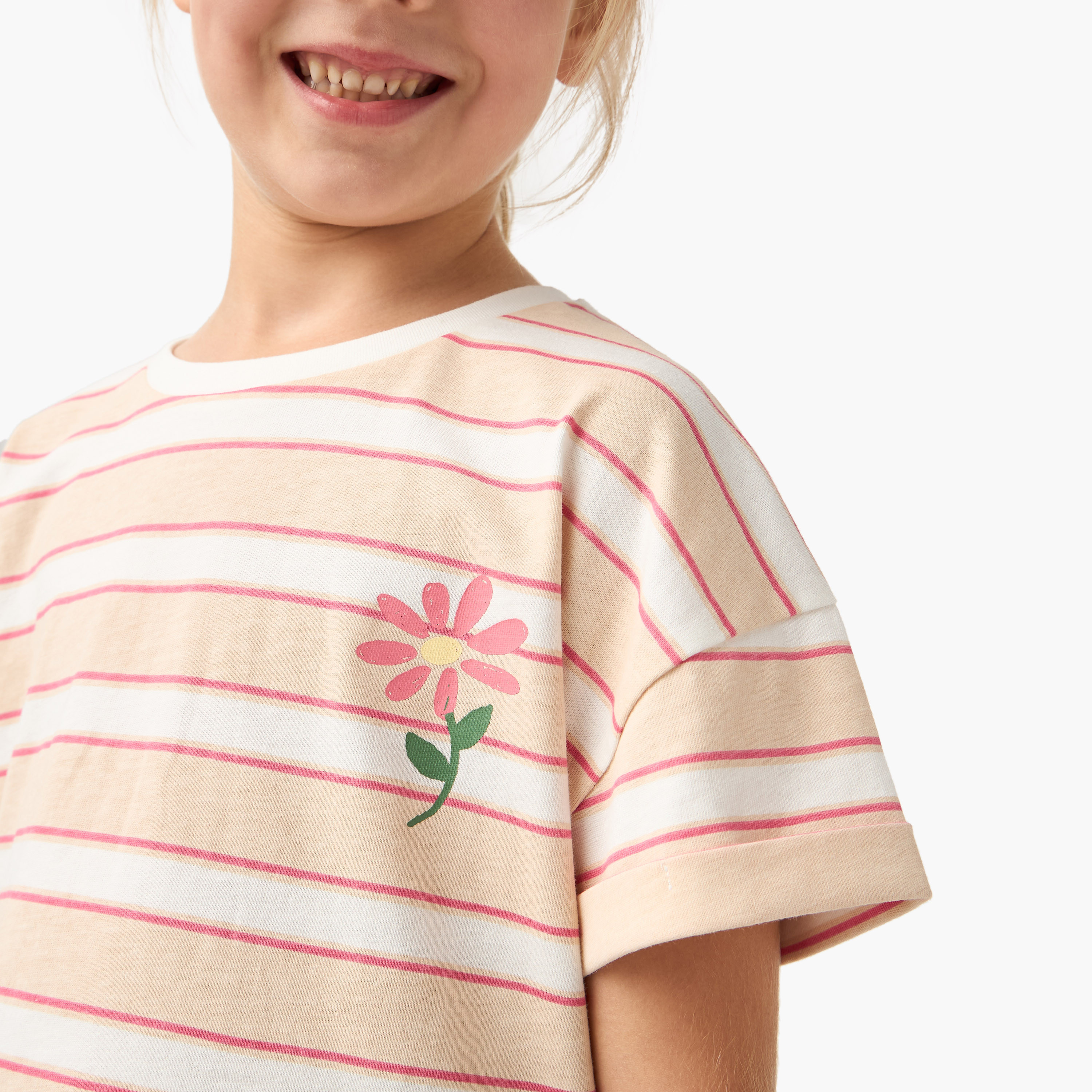 Juniors Floral Print T-shirt with Short Sleeves and Round Neck - Set of 2-girls-clothing-tshirts-image-4