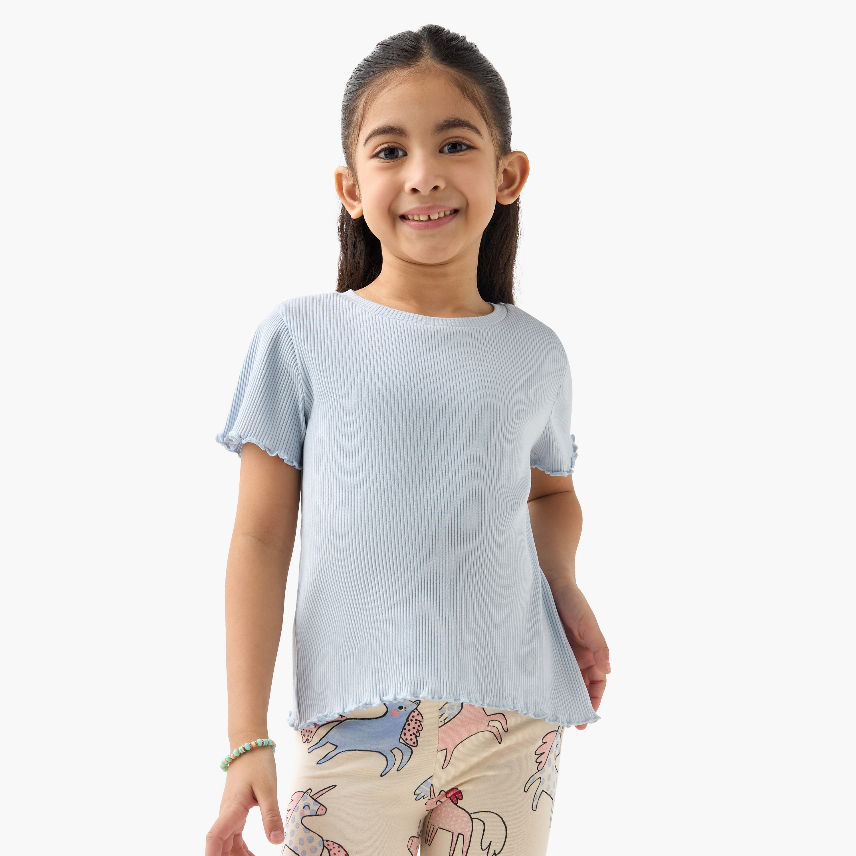 تيشيرت مضلع بياقة ضيقة وأكمام قصيرة وحافة خس من جونيورز-girls-clothing-tshirts-image-1