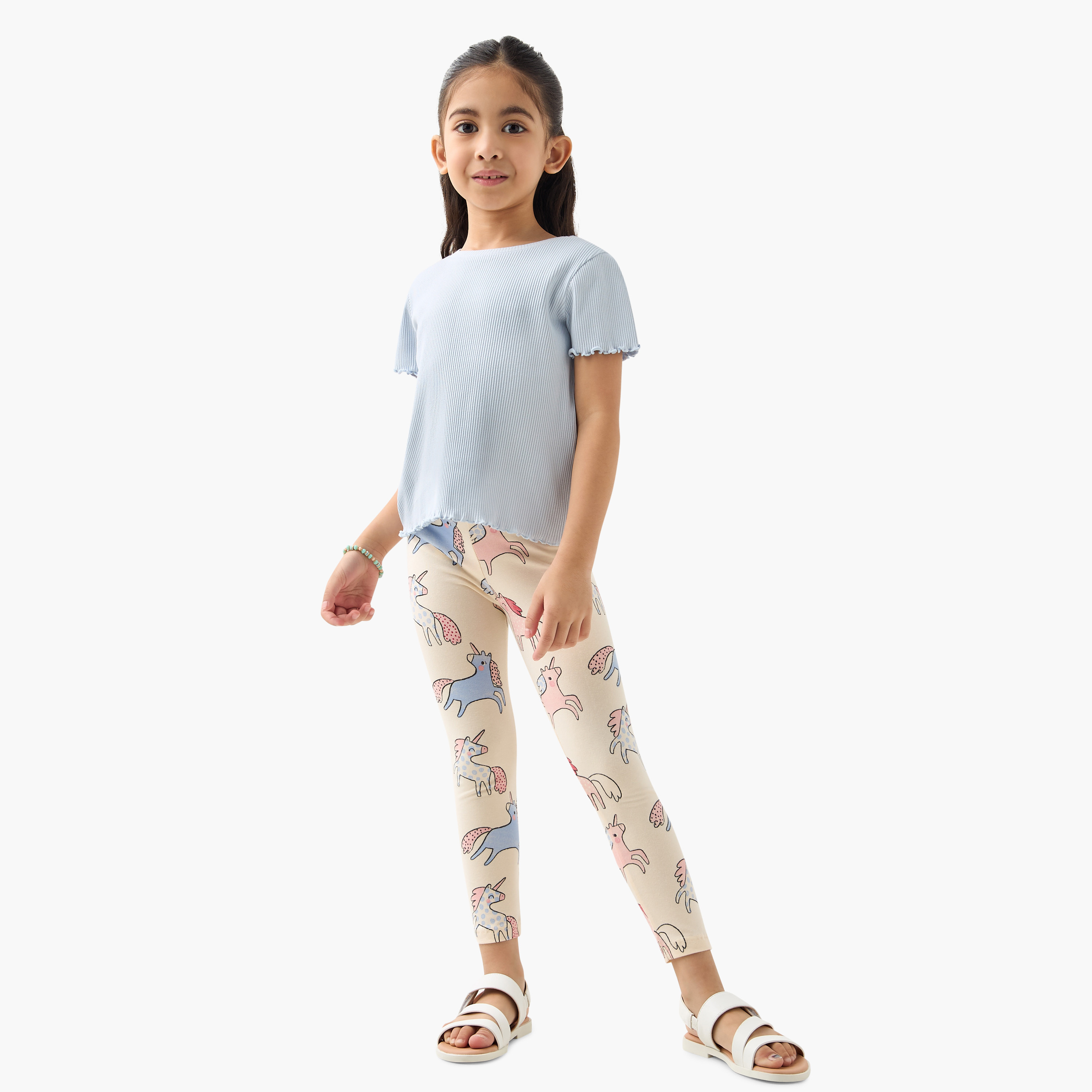 تيشيرت مضلع بياقة ضيقة وأكمام قصيرة وحافة خس من جونيورز-girls-clothing-tshirts-image-2