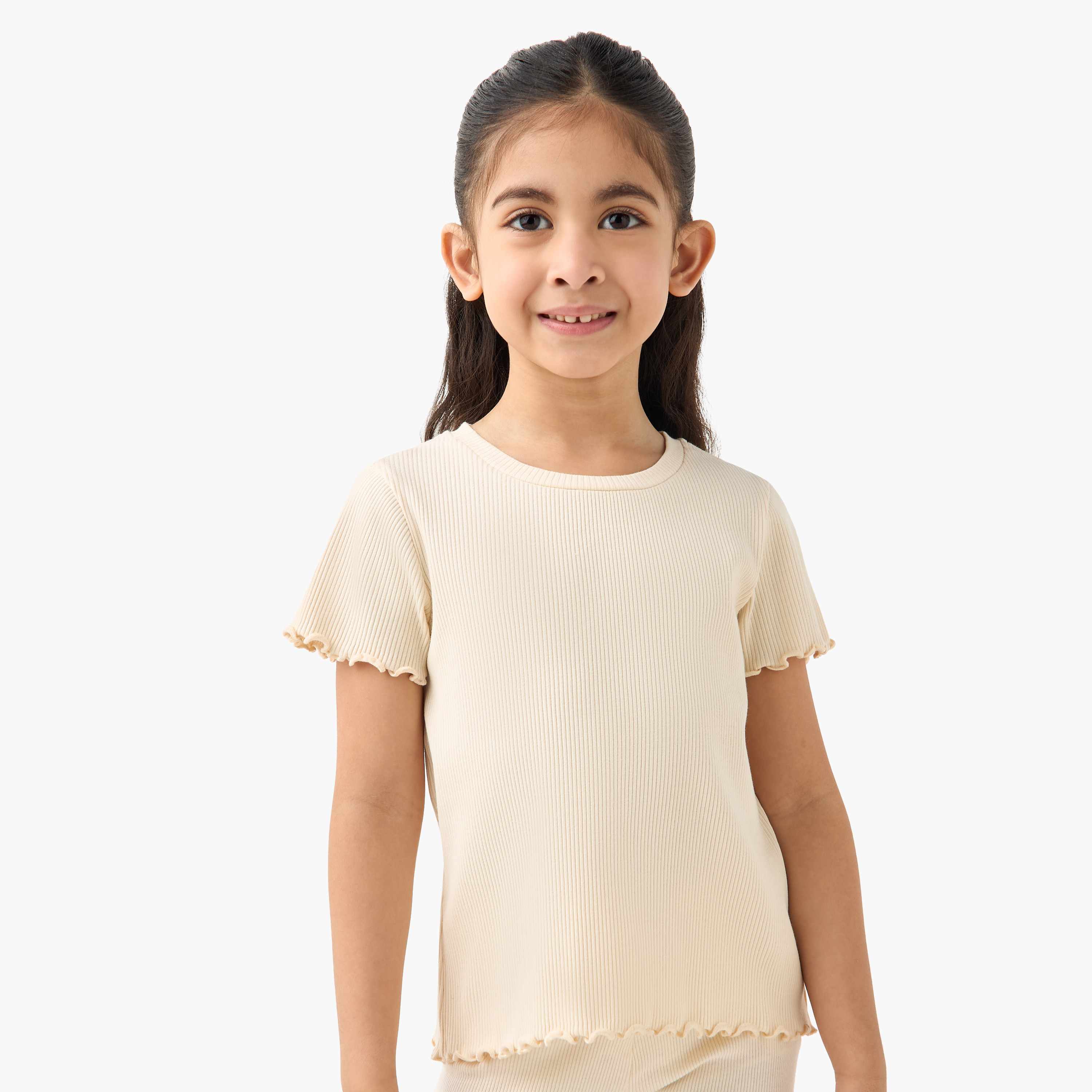 Juniors Ribbed Crew Neck T-shirt with Short Sleeves and Lettuce Hem-girls-clothing-tshirts-image-1
