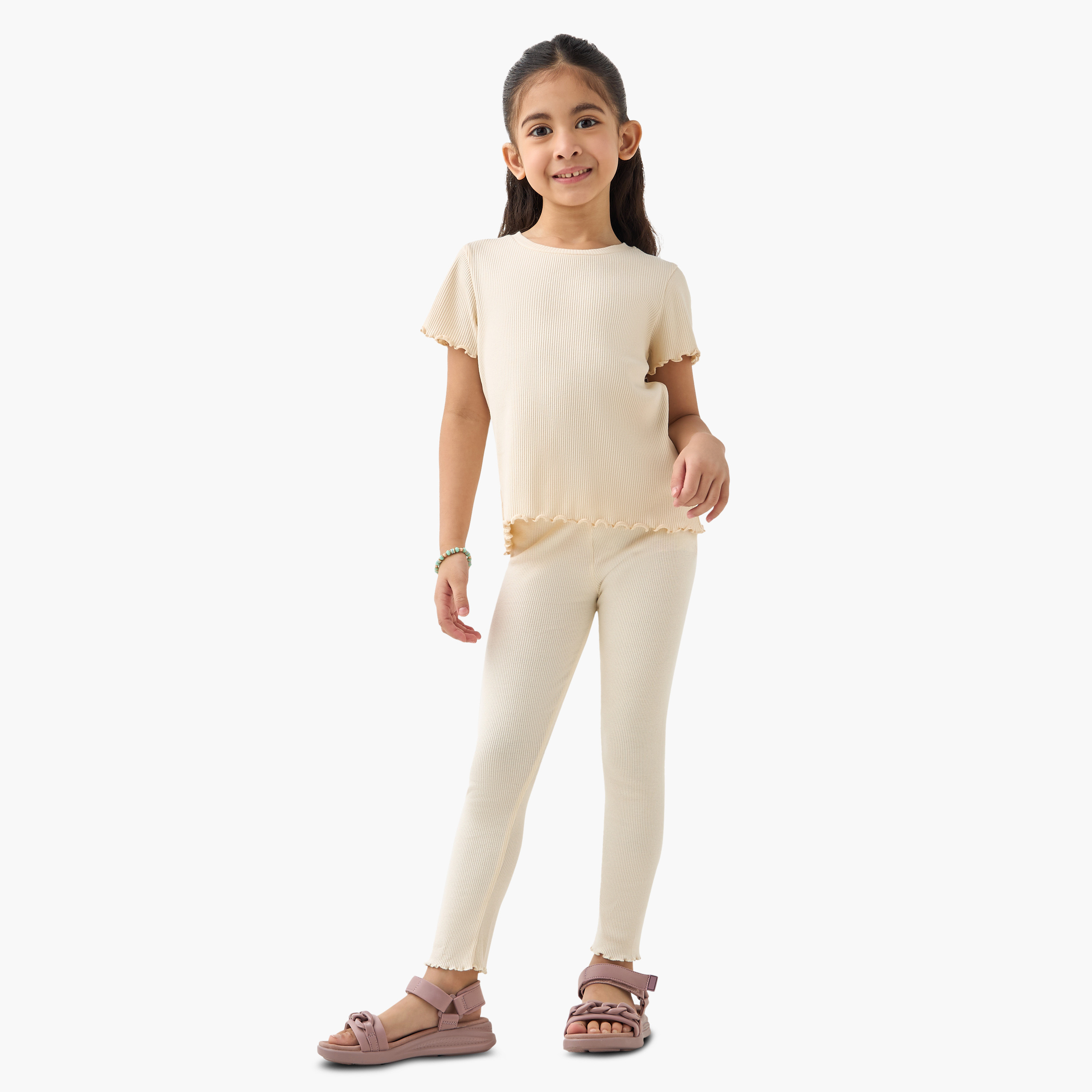 Juniors Ribbed Crew Neck T-shirt with Short Sleeves and Lettuce Hem-girls-clothing-tshirts-image-2