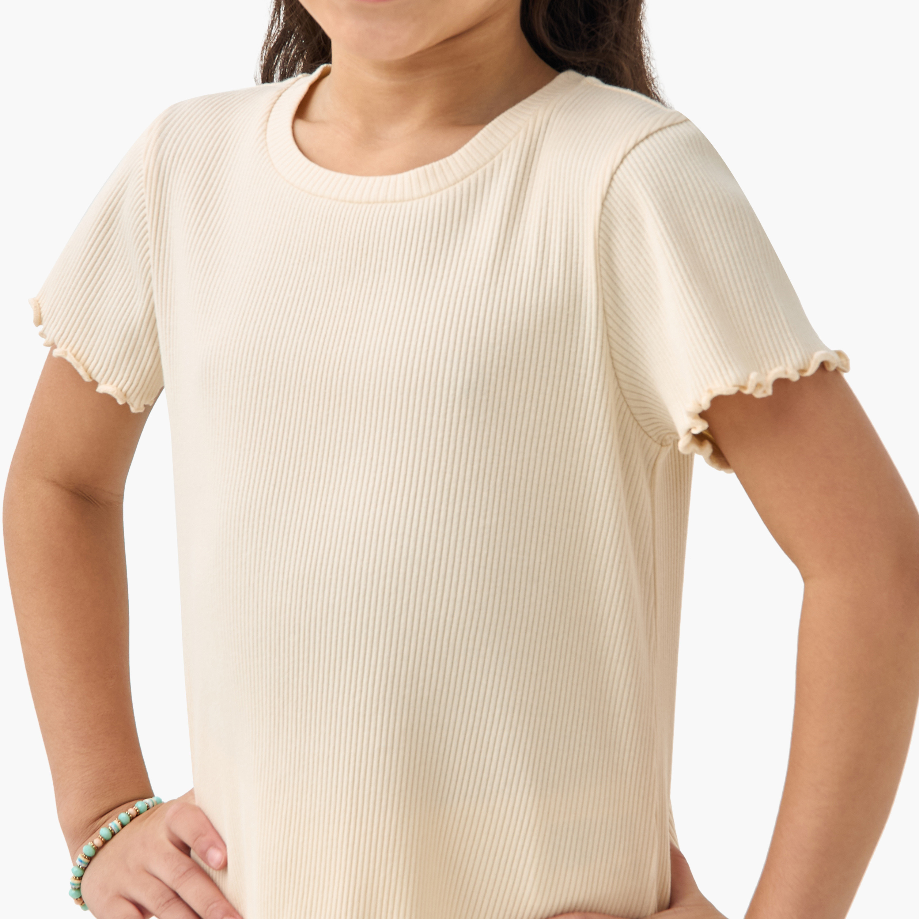 Juniors Ribbed Crew Neck T-shirt with Short Sleeves and Lettuce Hem-girls-clothing-tshirts-image-4