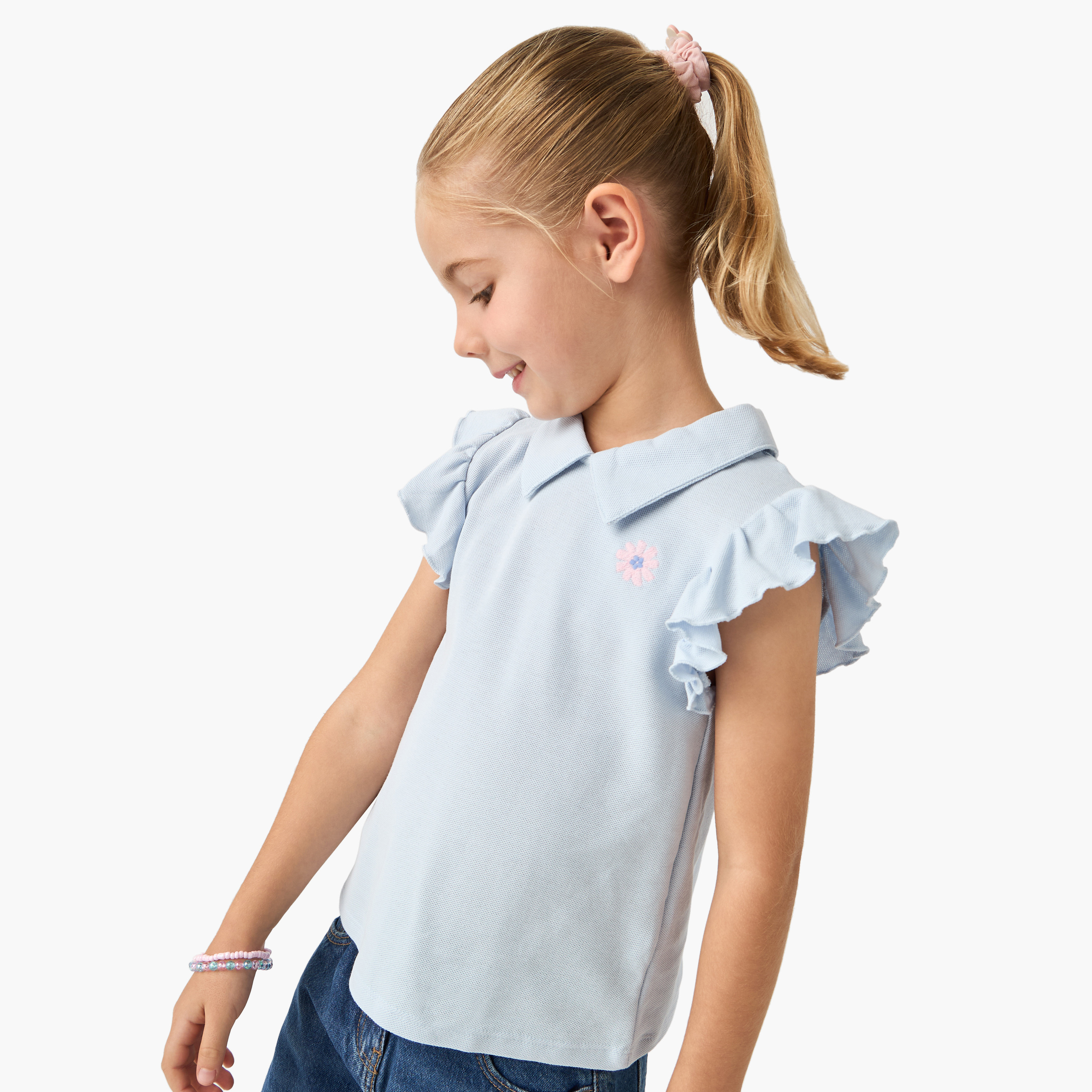 Juniors Floral Embroidered Polo T-shirt with Short Ruffle Sleeves-girls-clothing-tshirts-image-1