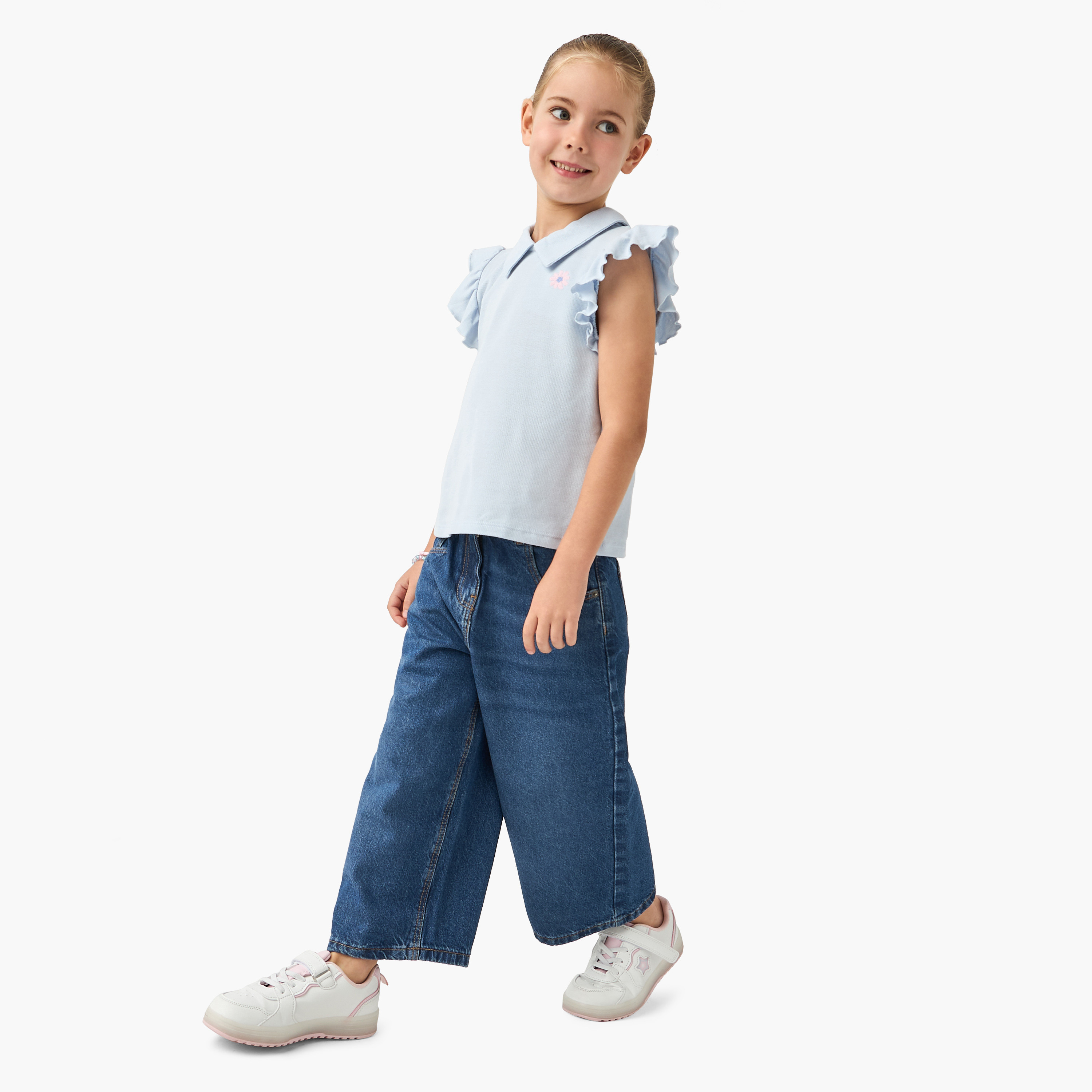 Juniors Floral Embroidered Polo T-shirt with Short Ruffle Sleeves-girls-clothing-tshirts-image-2