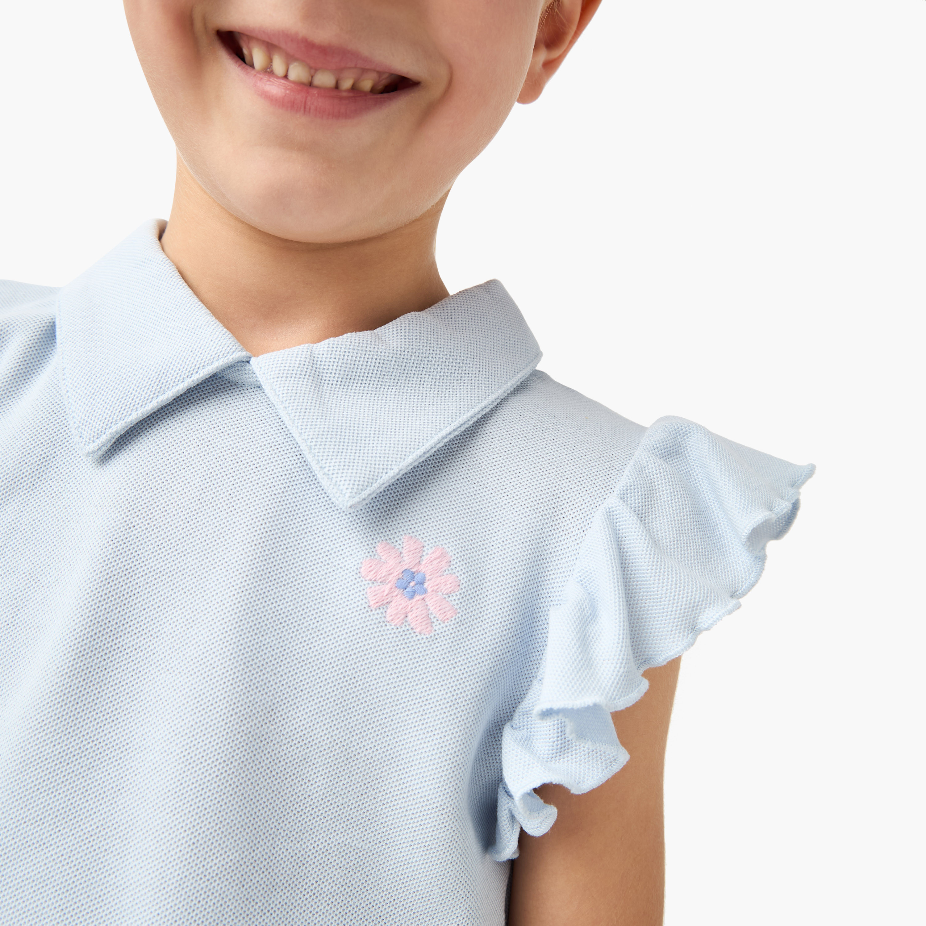 Juniors Floral Embroidered Polo T-shirt with Short Ruffle Sleeves-girls-clothing-tshirts-image-4