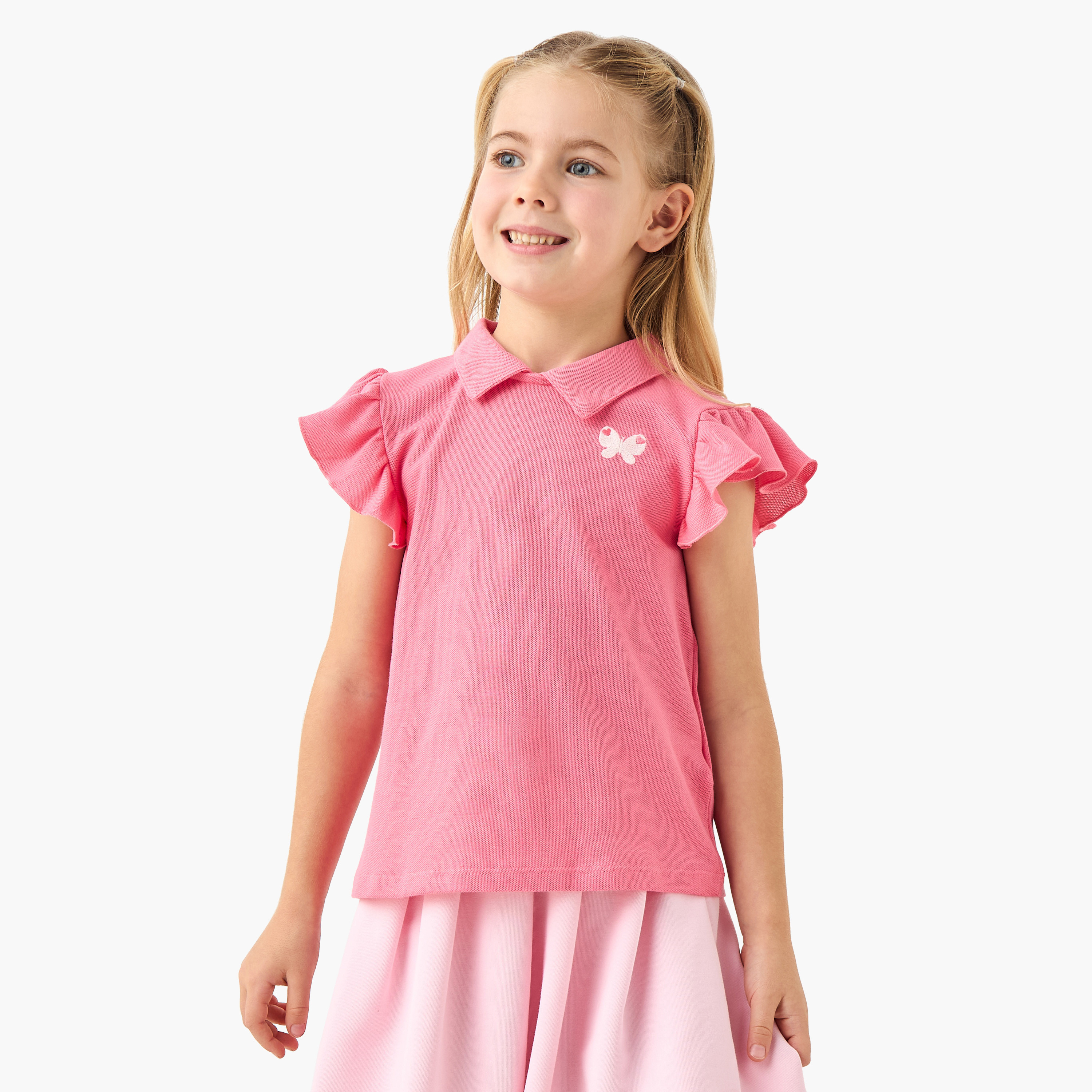 Juniors Butterfly Embroidered Polo T-shirt with Ruffle Sleeves-girls-clothing-tshirts-image-1