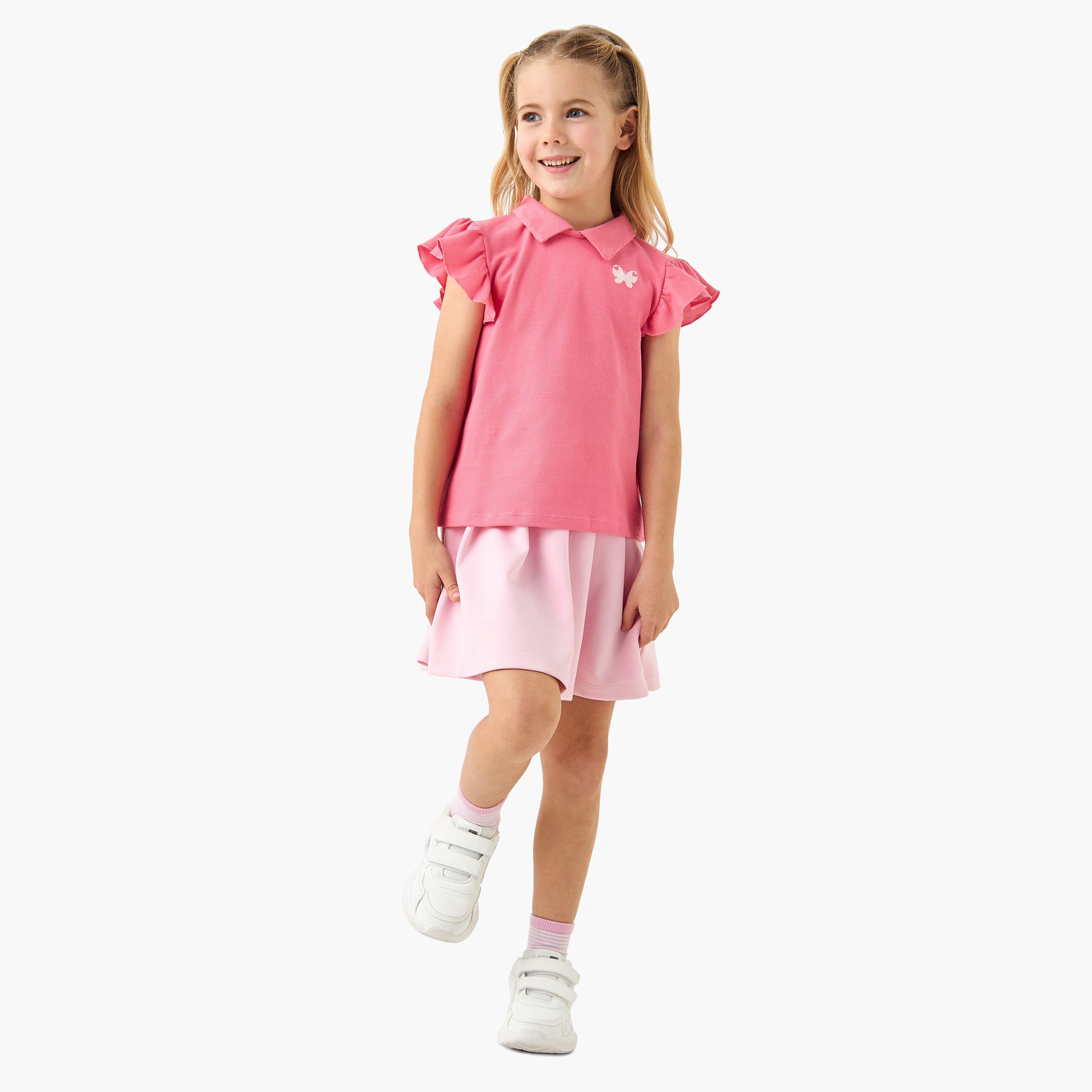 Juniors Butterfly Embroidered Polo T-shirt with Ruffle Sleeves-girls-clothing-tshirts-image-2