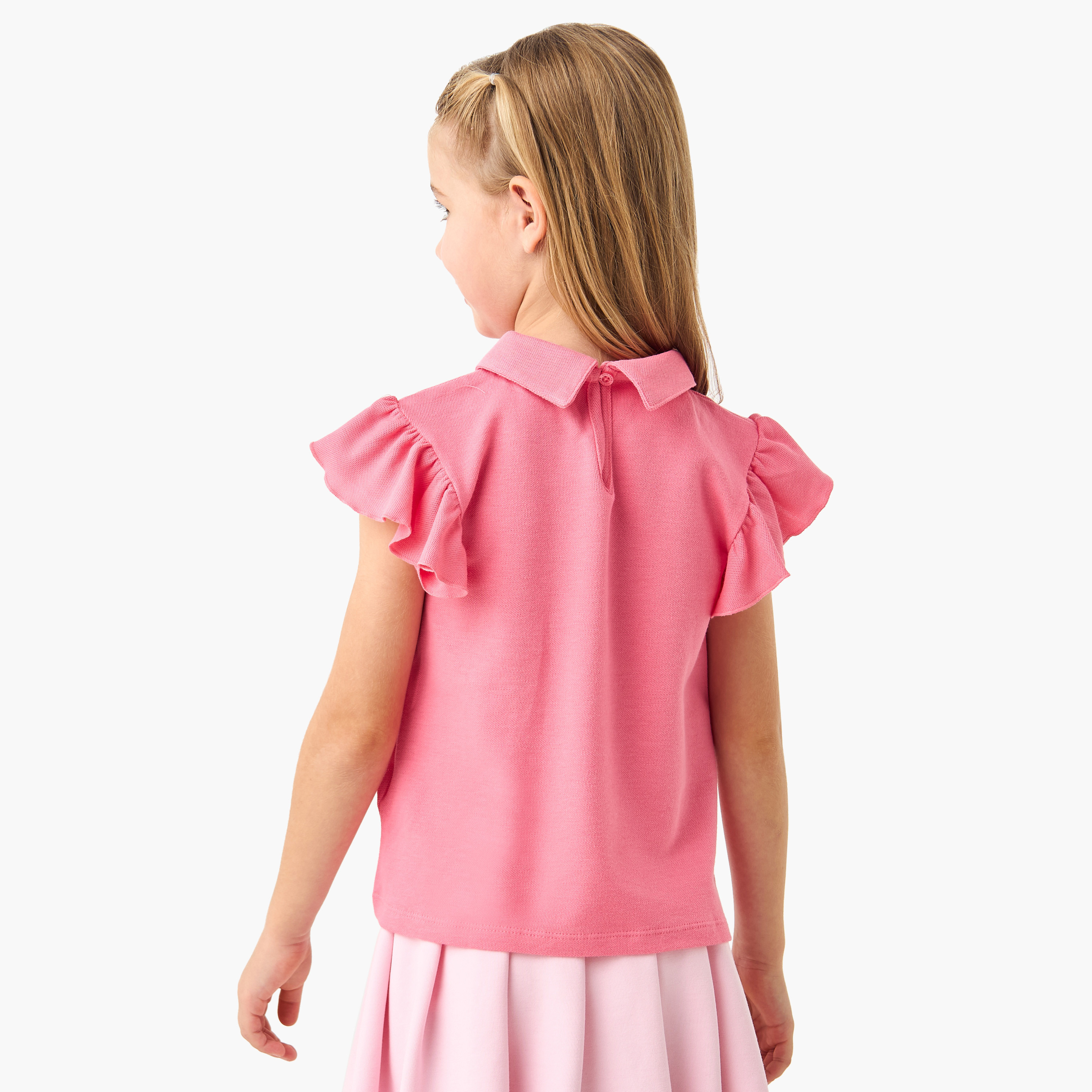 Juniors Butterfly Embroidered Polo T-shirt with Ruffle Sleeves-girls-clothing-tshirts-image-3