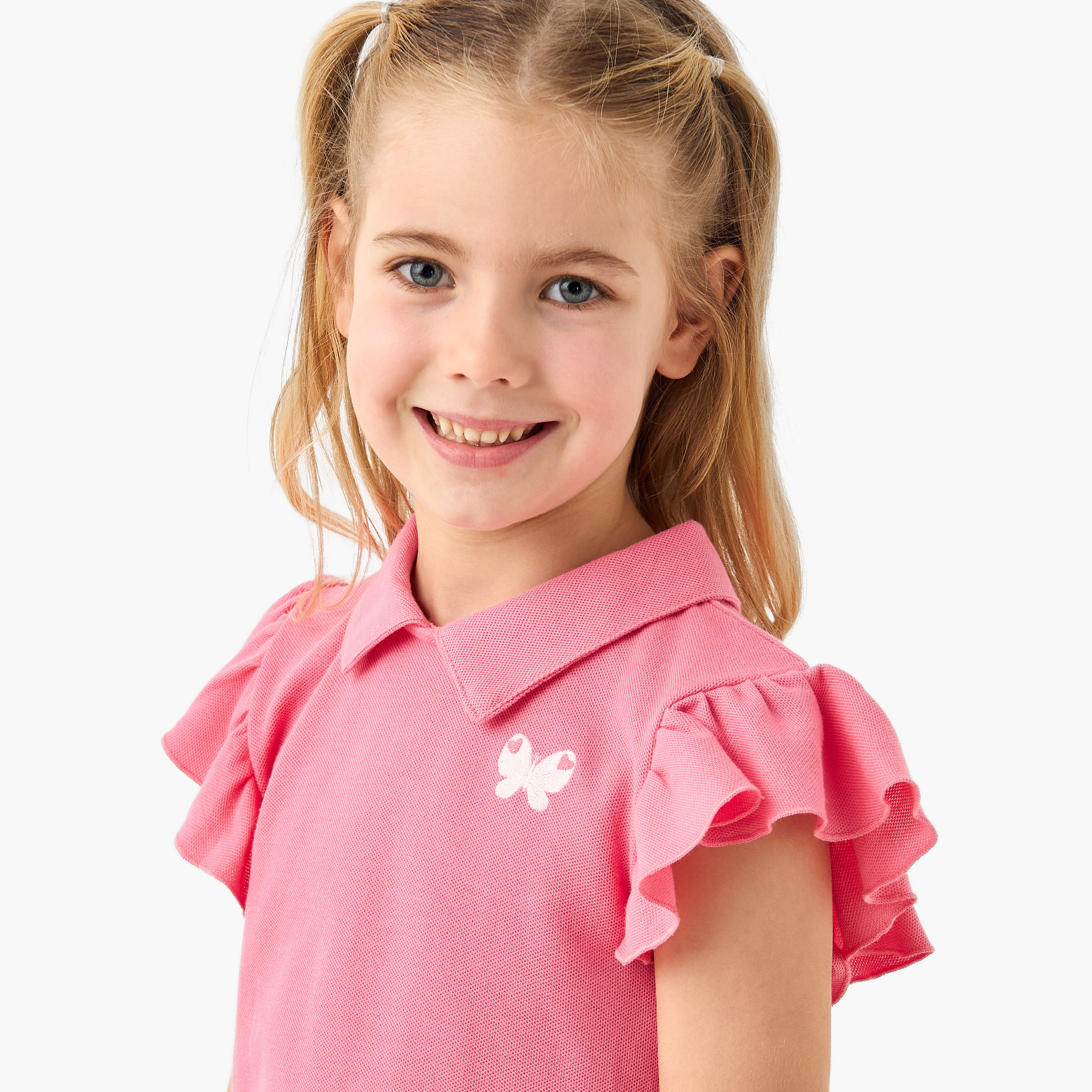 Juniors Butterfly Embroidered Polo T-shirt with Ruffle Sleeves-girls-clothing-tshirts-image-4