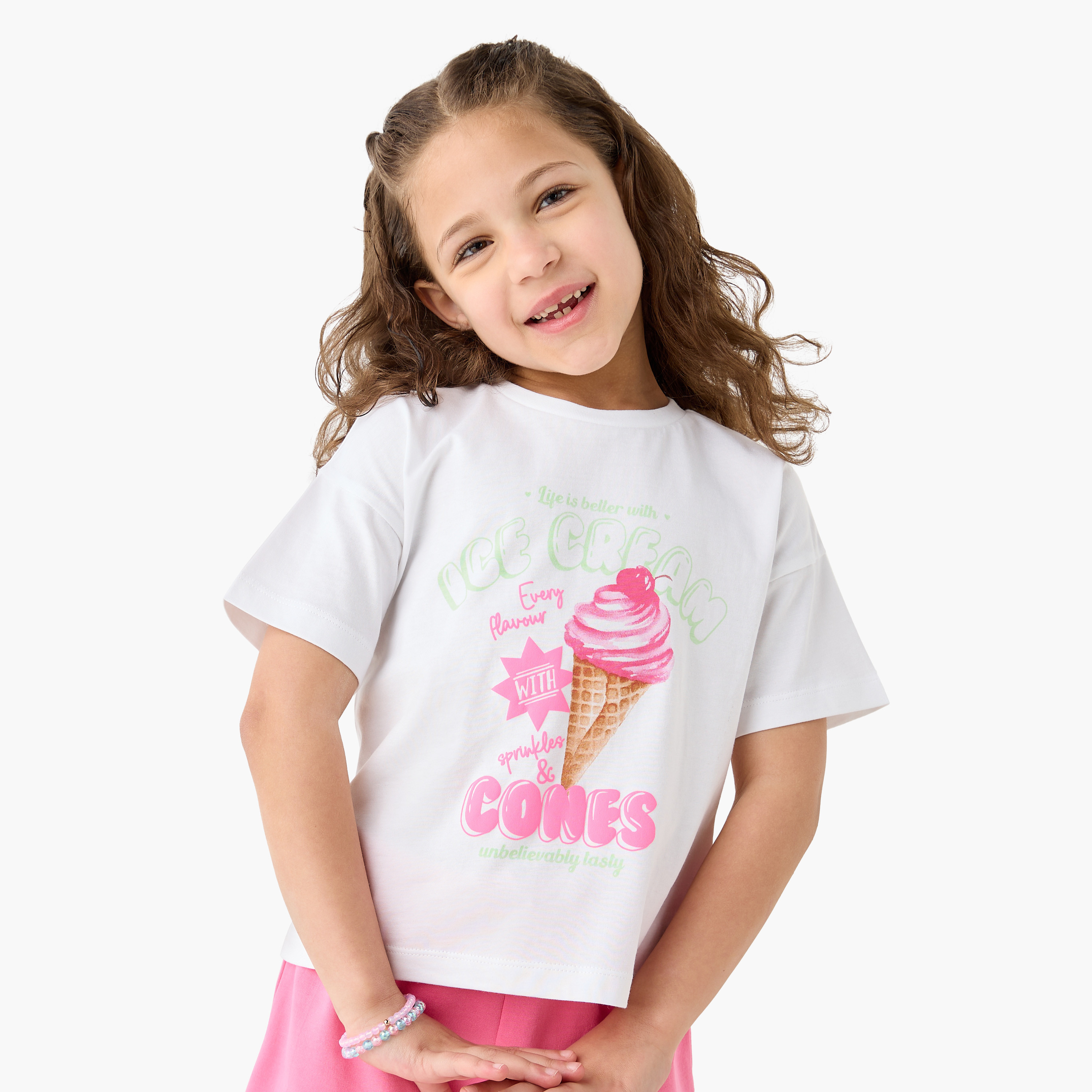 Juniors Graphic Print Crew Neck T-shirt with Short Sleeves-girls-clothing-tshirts-image-1