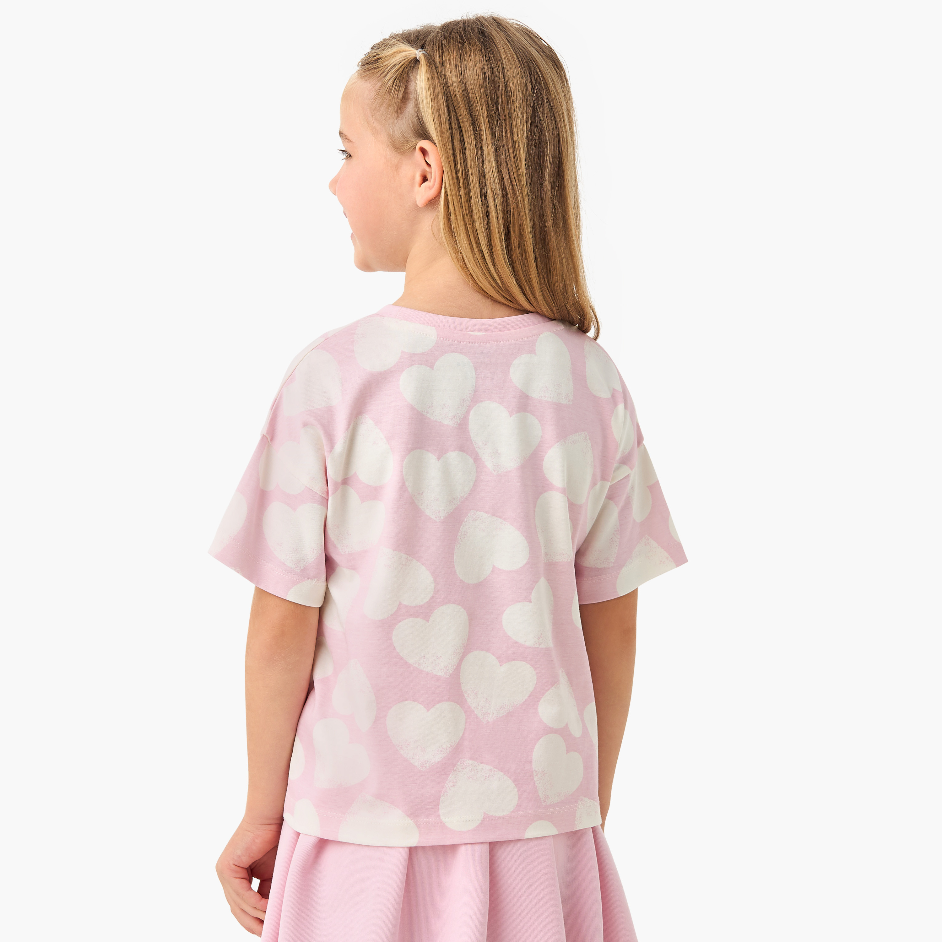 Juniors Heart Print Crew Neck T-shirt with Short Sleeves-girls-clothing-tshirts-image-3