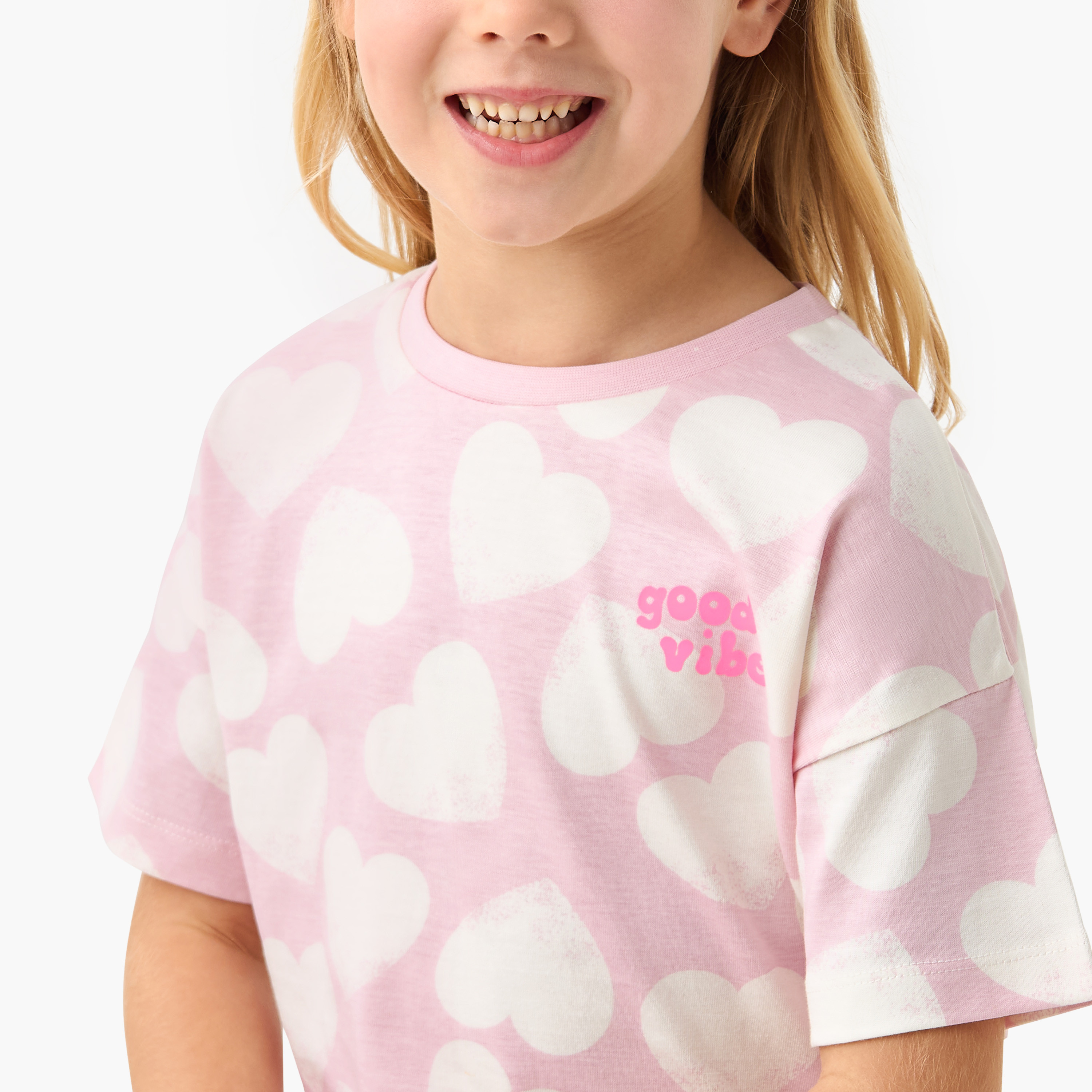 Juniors Heart Print Crew Neck T-shirt with Short Sleeves-girls-clothing-tshirts-image-4