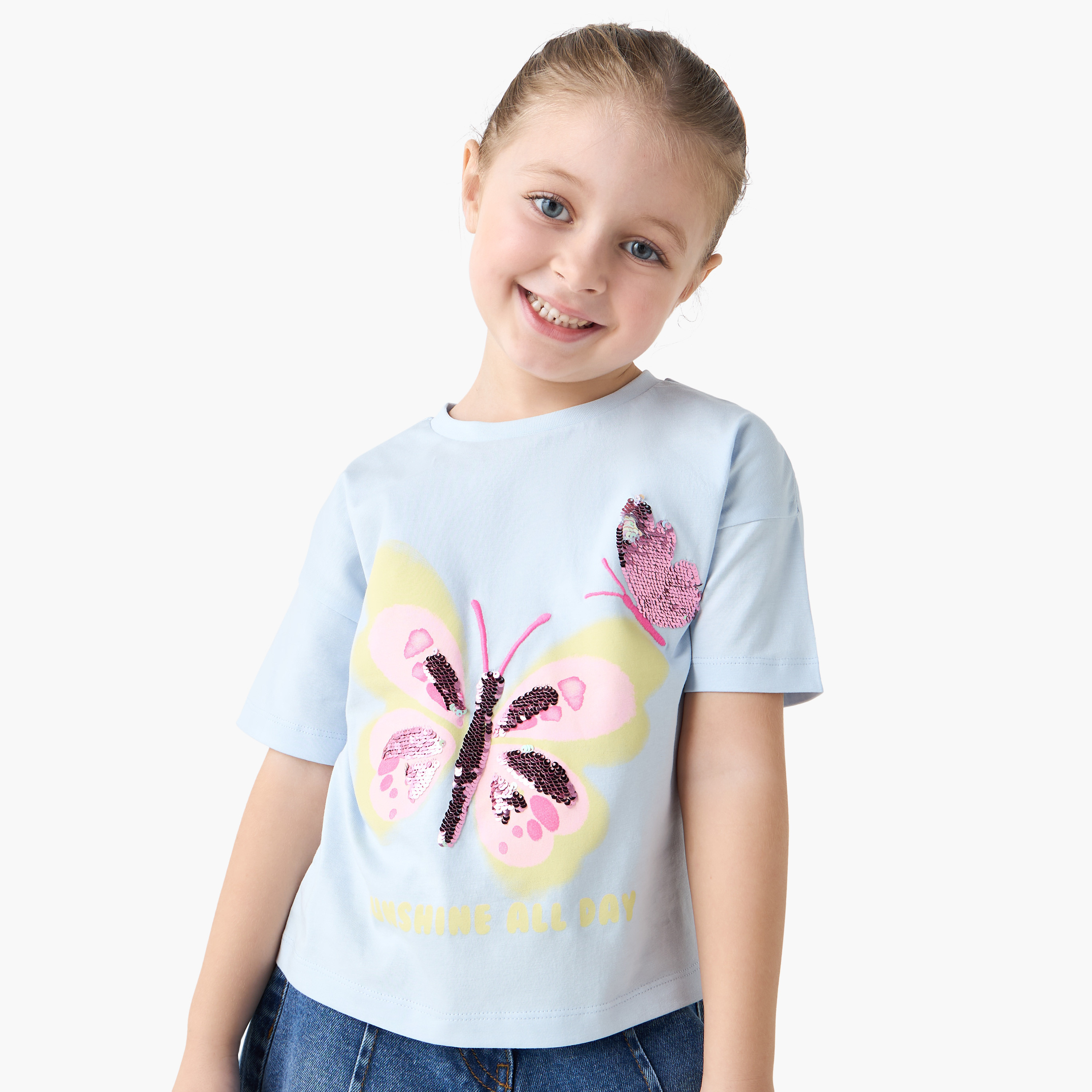 Juniors Butterfly Sequinned T-shirt with Short Sleeves-girls-clothing-tshirts-image-1
