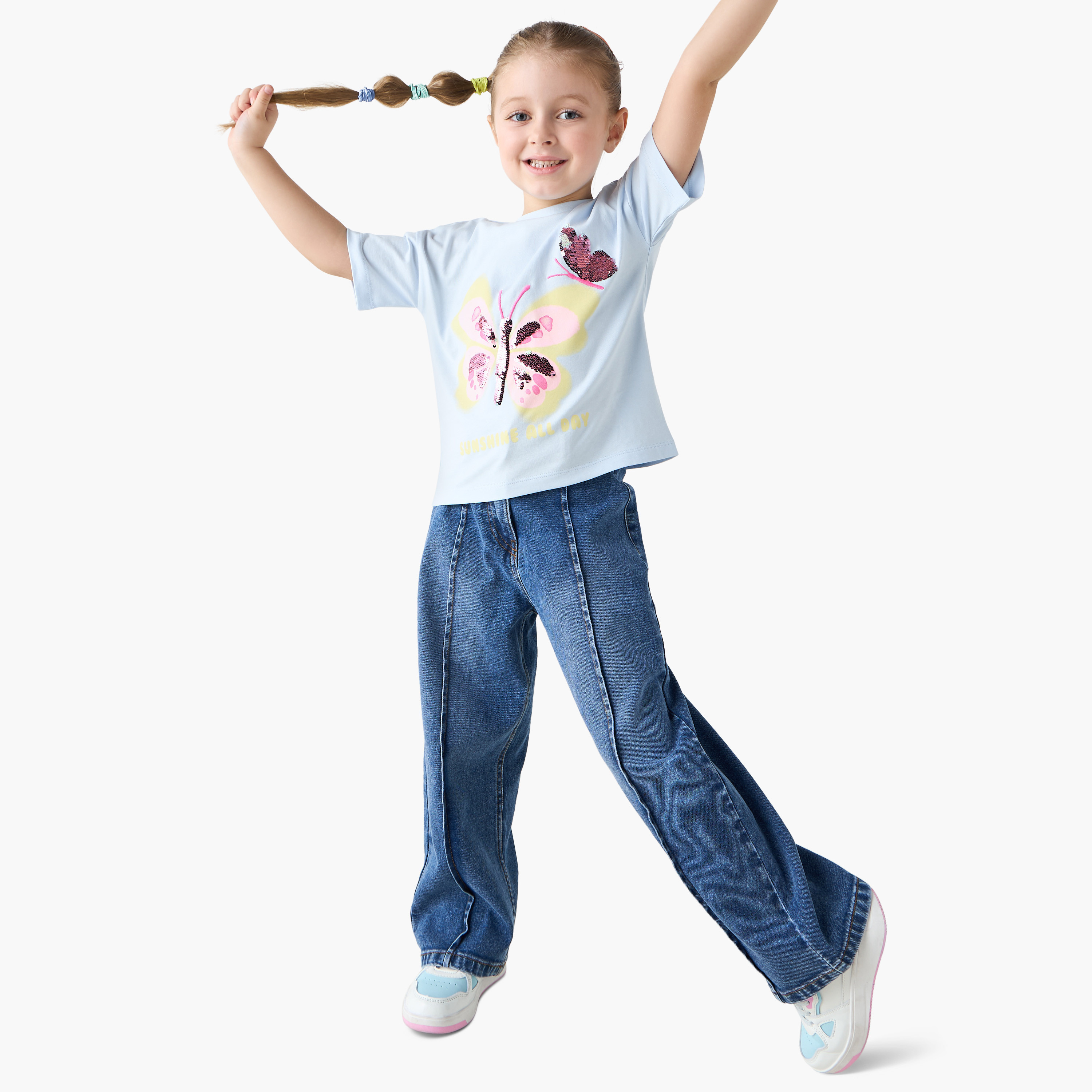 Juniors Butterfly Sequinned T-shirt with Short Sleeves-girls-clothing-tshirts-image-2