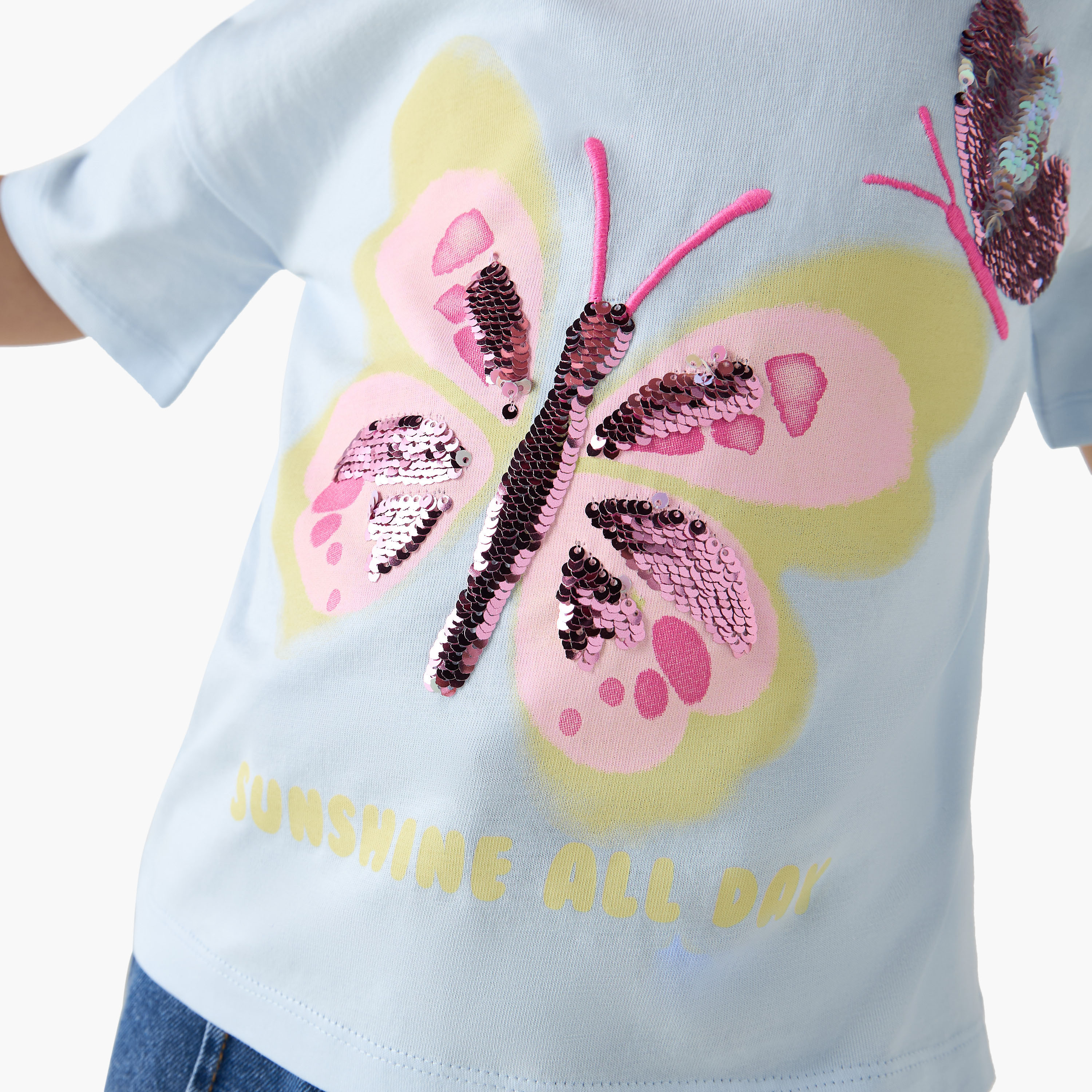 Juniors Butterfly Sequinned T-shirt with Short Sleeves-girls-clothing-tshirts-image-4
