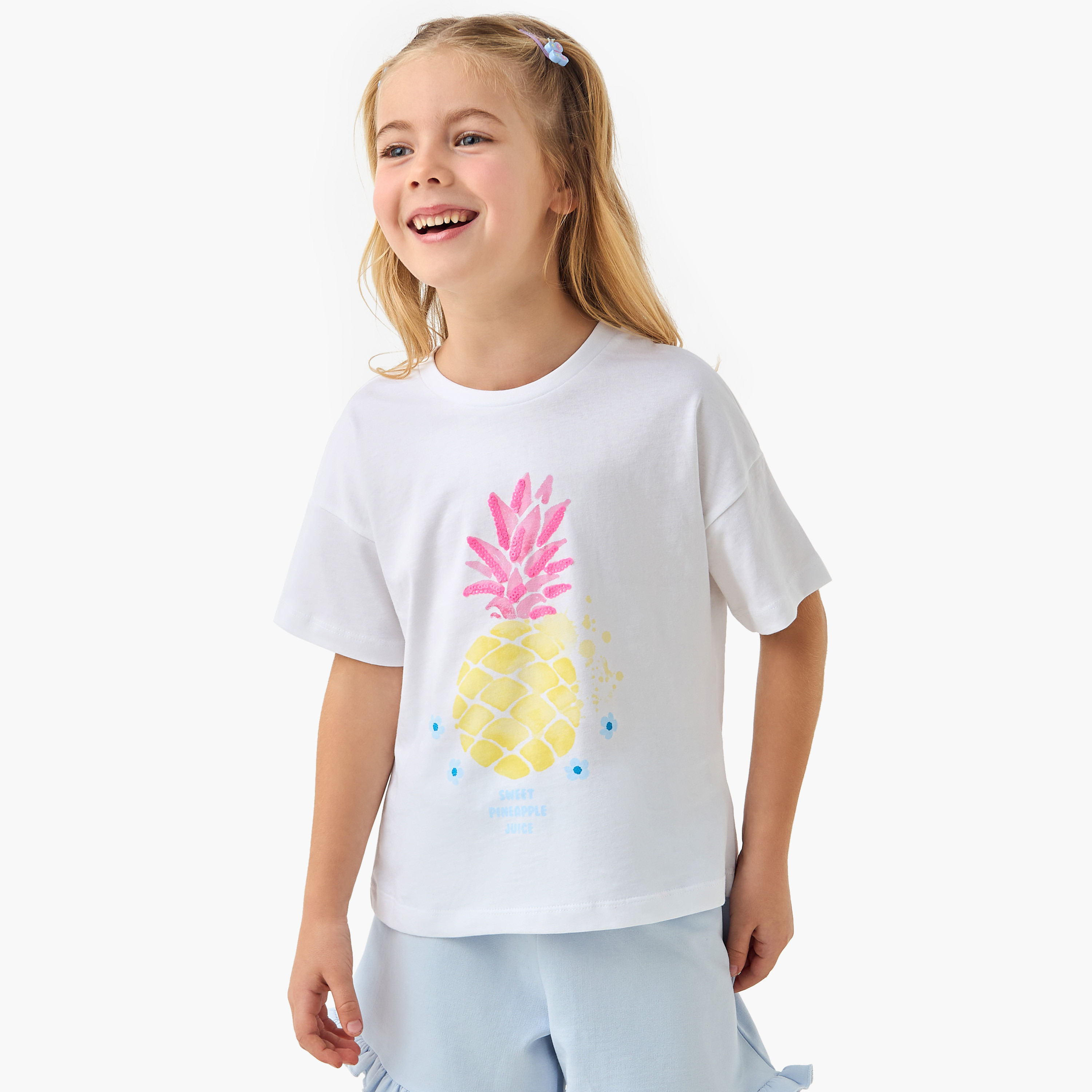 Juniors Graphic Print Crew Neck T-shirt with Short Sleeves-girls-clothing-tshirts-image-1