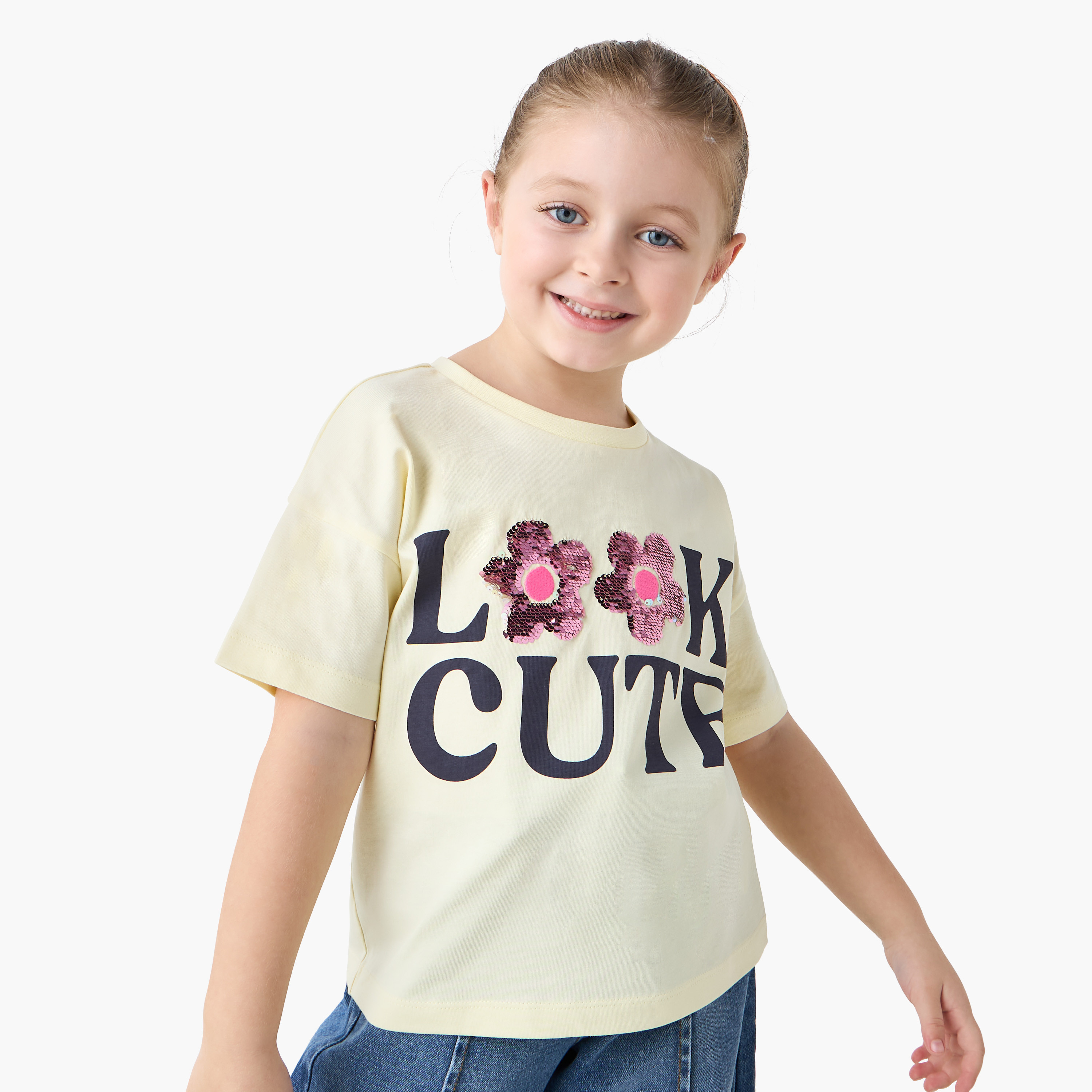 Juniors Embellished Crew Neck T-shirt with Short Sleeves-girls-clothing-tshirts-image-1
