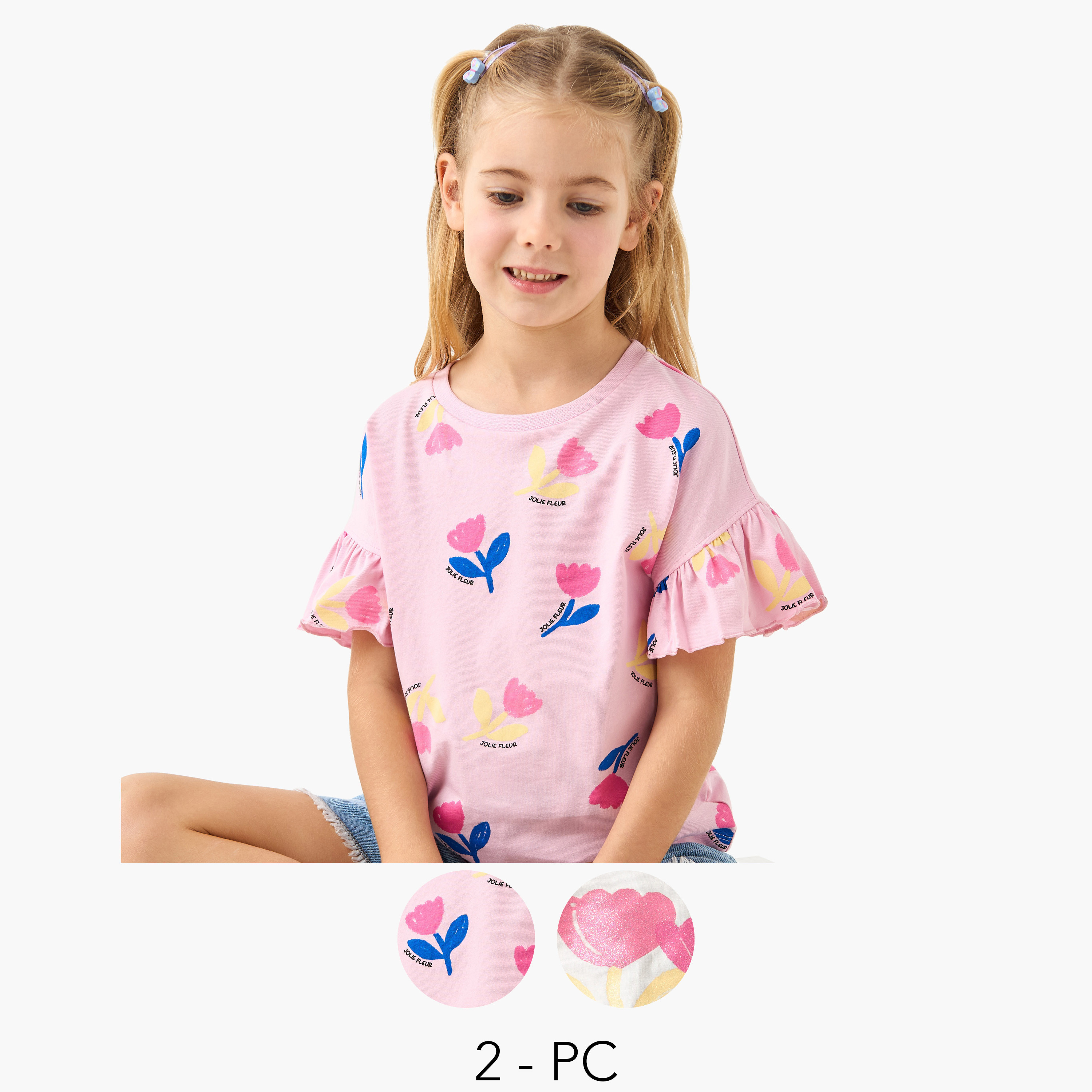 Juniors Floral Print T-shirt with Crew Neck and Ruffle Sleeves - Set of 2-girls-clothing-tshirts-image-1