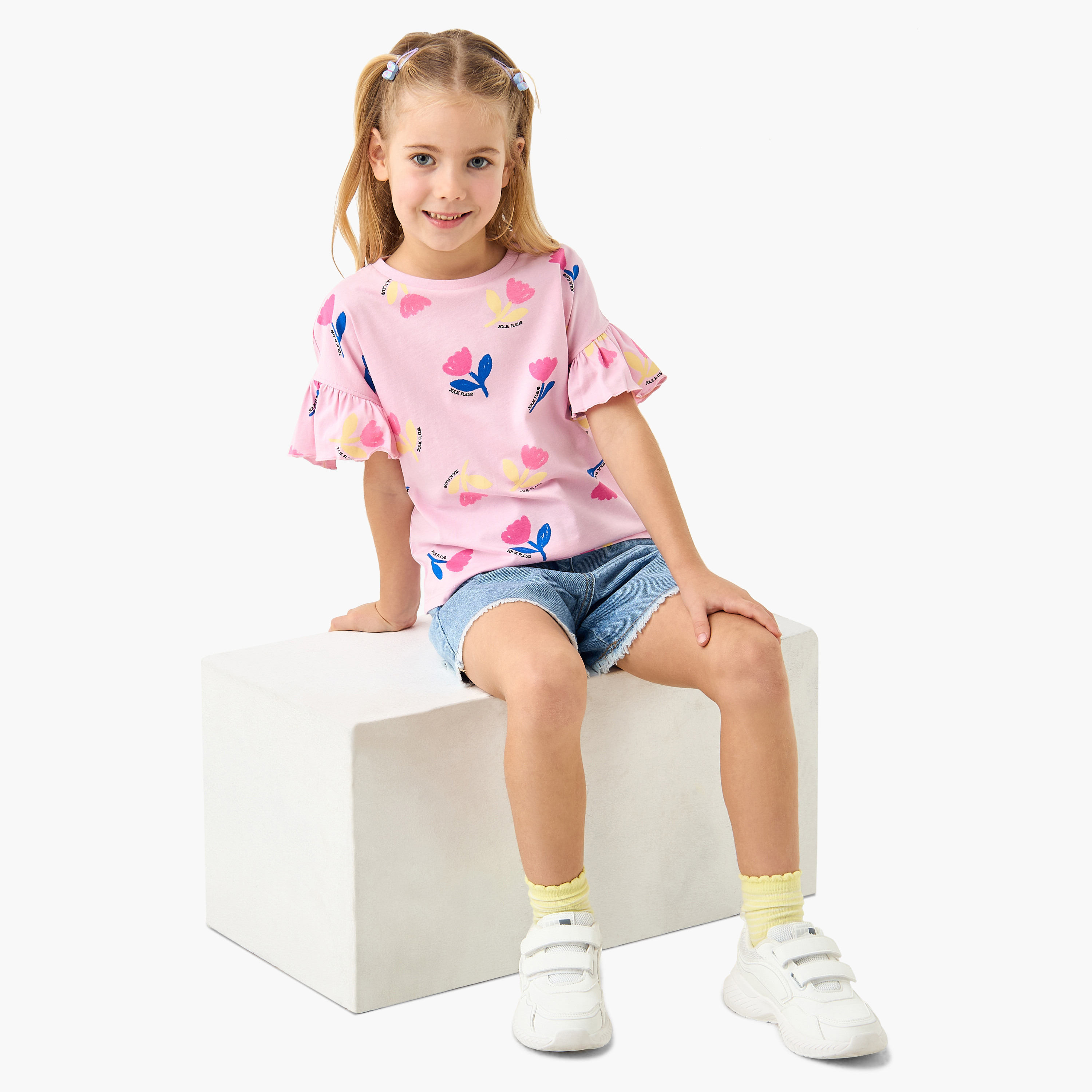 Juniors Floral Print T-shirt with Crew Neck and Ruffle Sleeves - Set of 2-girls-clothing-tshirts-image-2