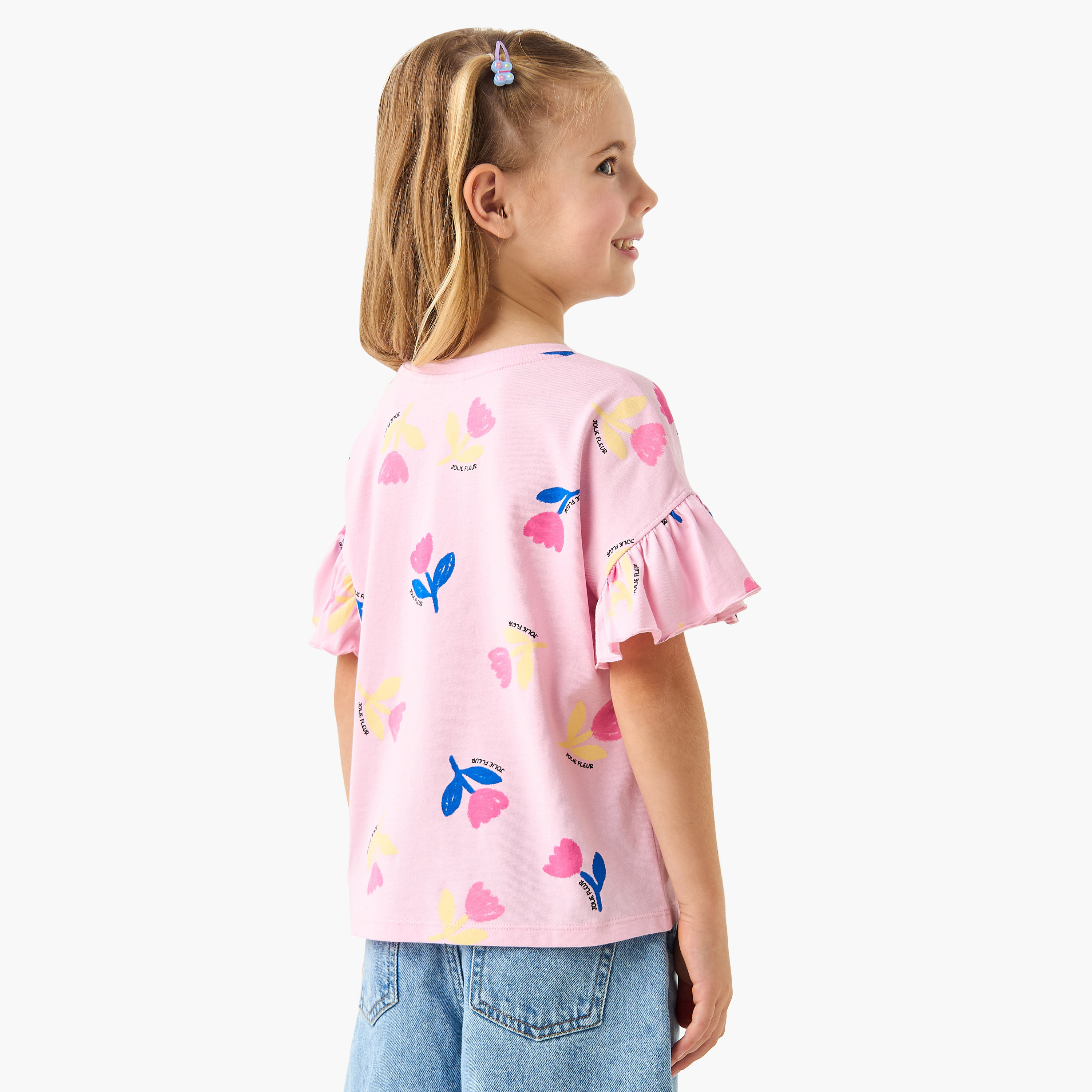 Juniors Floral Print T-shirt with Crew Neck and Ruffle Sleeves - Set of 2-girls-clothing-tshirts-image-3