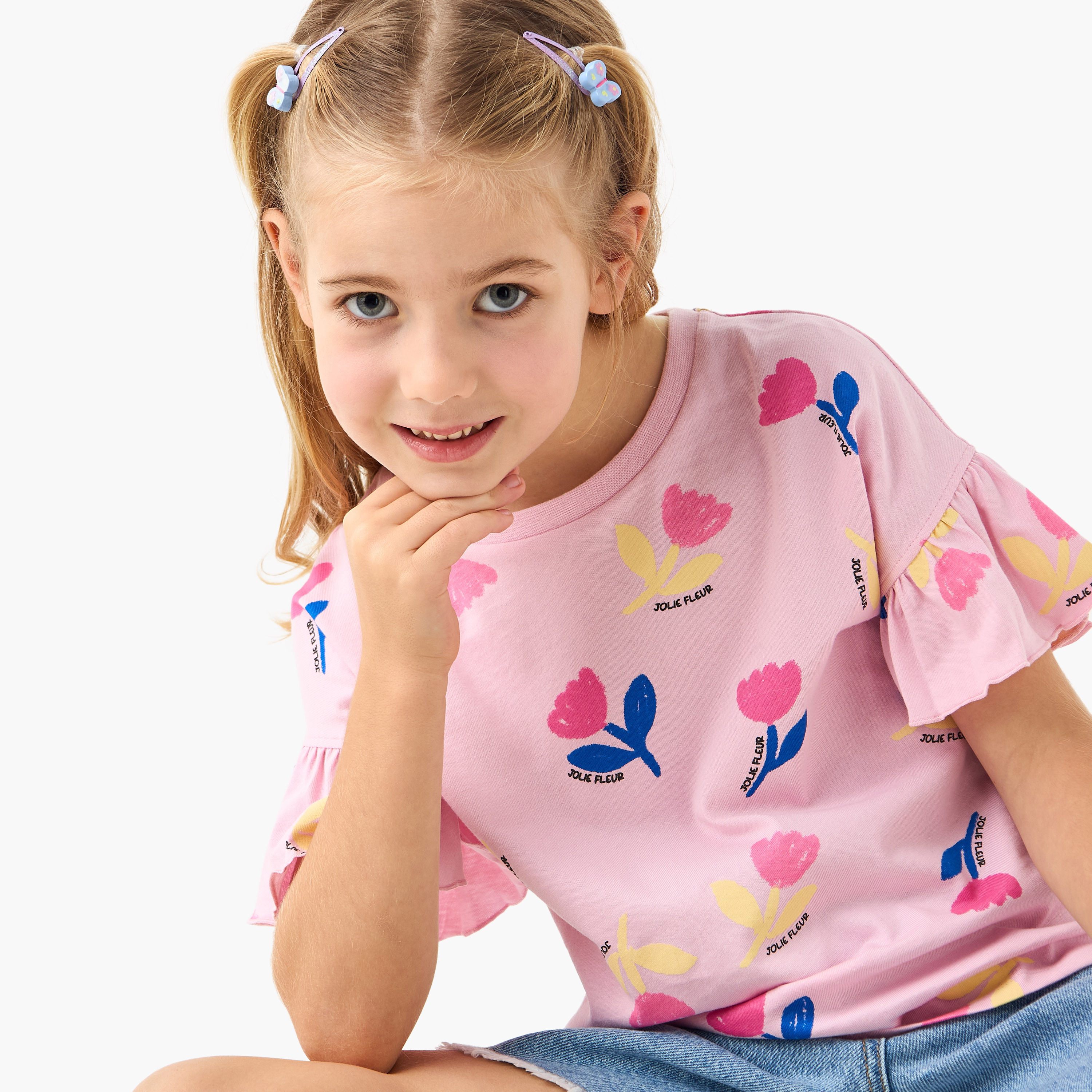 Juniors Floral Print T-shirt with Crew Neck and Ruffle Sleeves - Set of 2-girls-clothing-tshirts-image-4