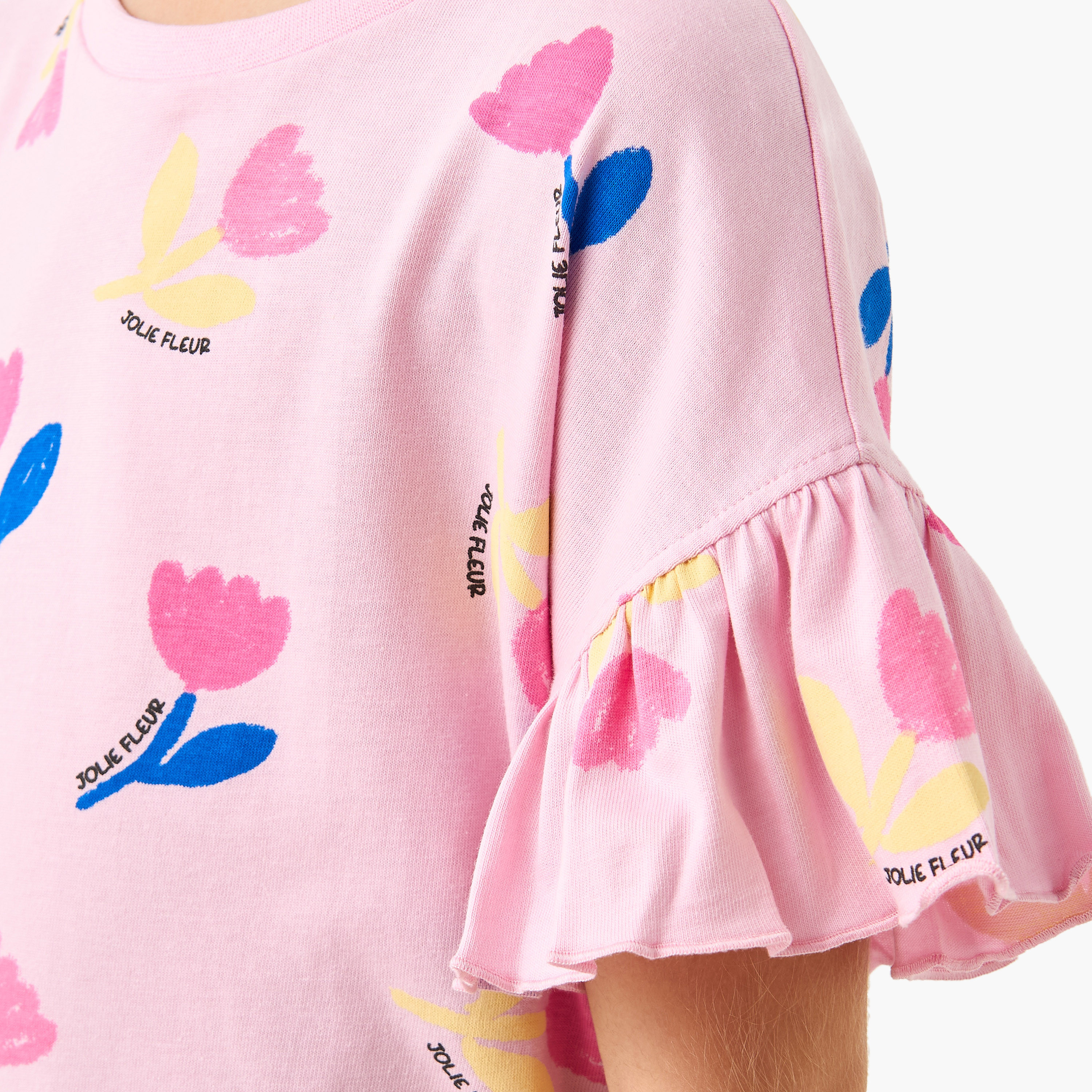 Juniors Floral Print T-shirt with Crew Neck and Ruffle Sleeves - Set of 2-girls-clothing-tshirts-image-5