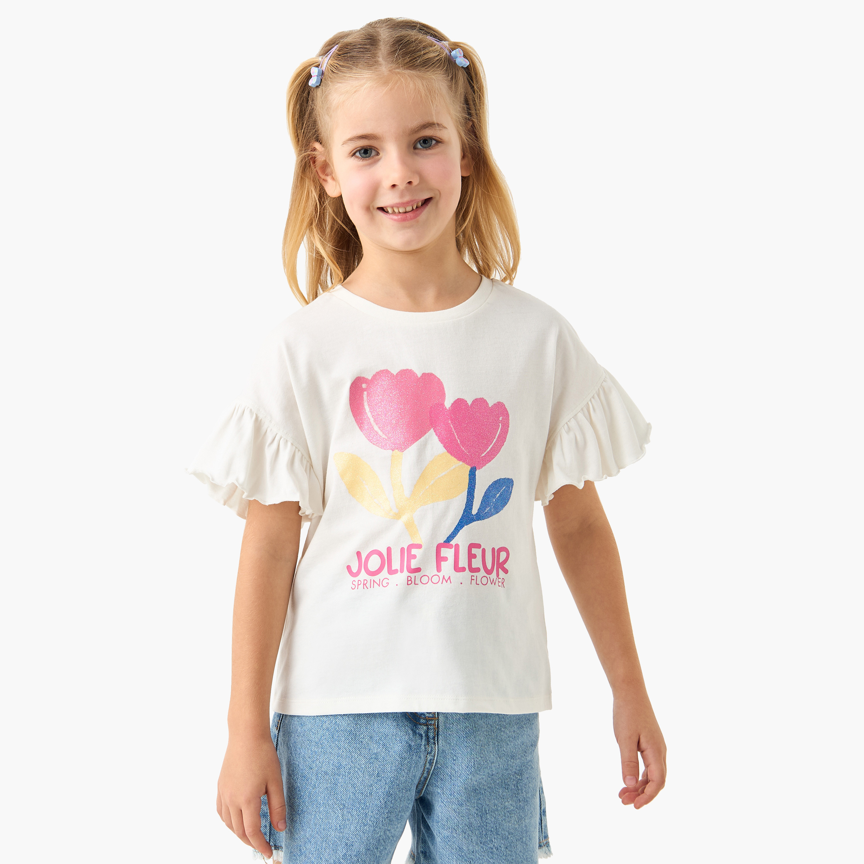Juniors Floral Print T-shirt with Crew Neck and Ruffle Sleeves - Set of 2-girls-clothing-tshirts-image-6