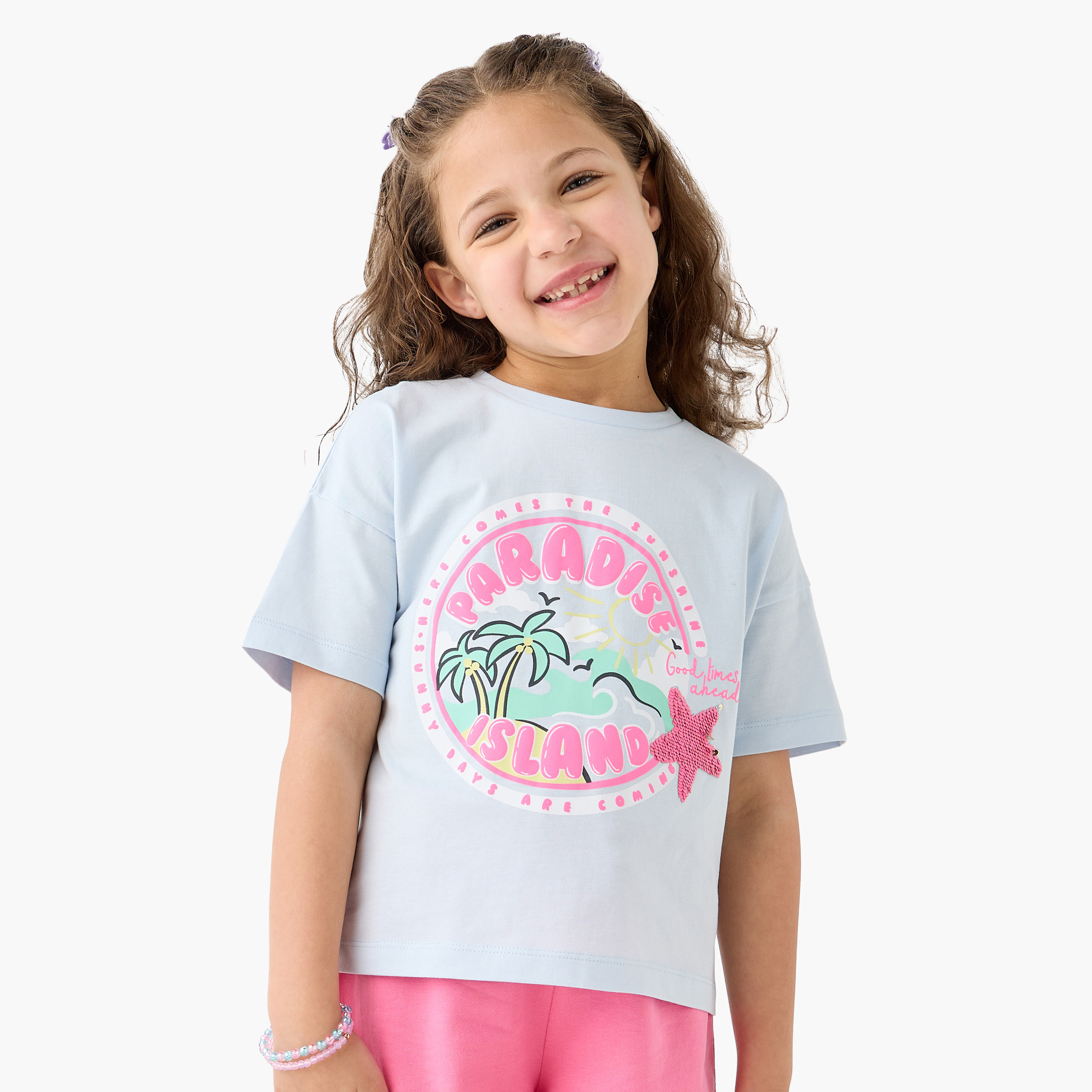 Juniors Sequinned T-shirt with Short Sleeves and Crew Neck-girls-clothing-tshirts-image-1