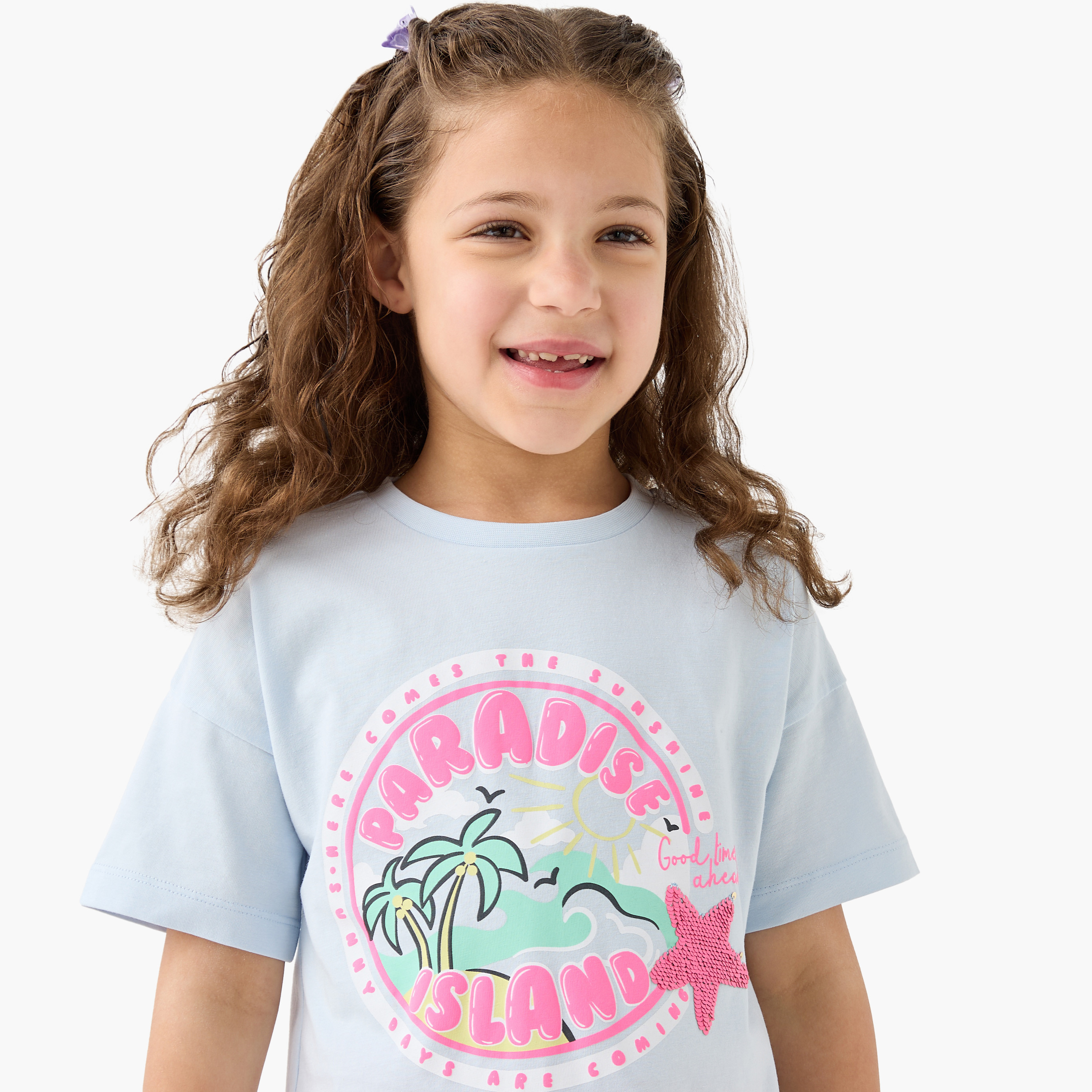 Juniors Sequinned T-shirt with Short Sleeves and Crew Neck-girls-clothing-tshirts-image-4