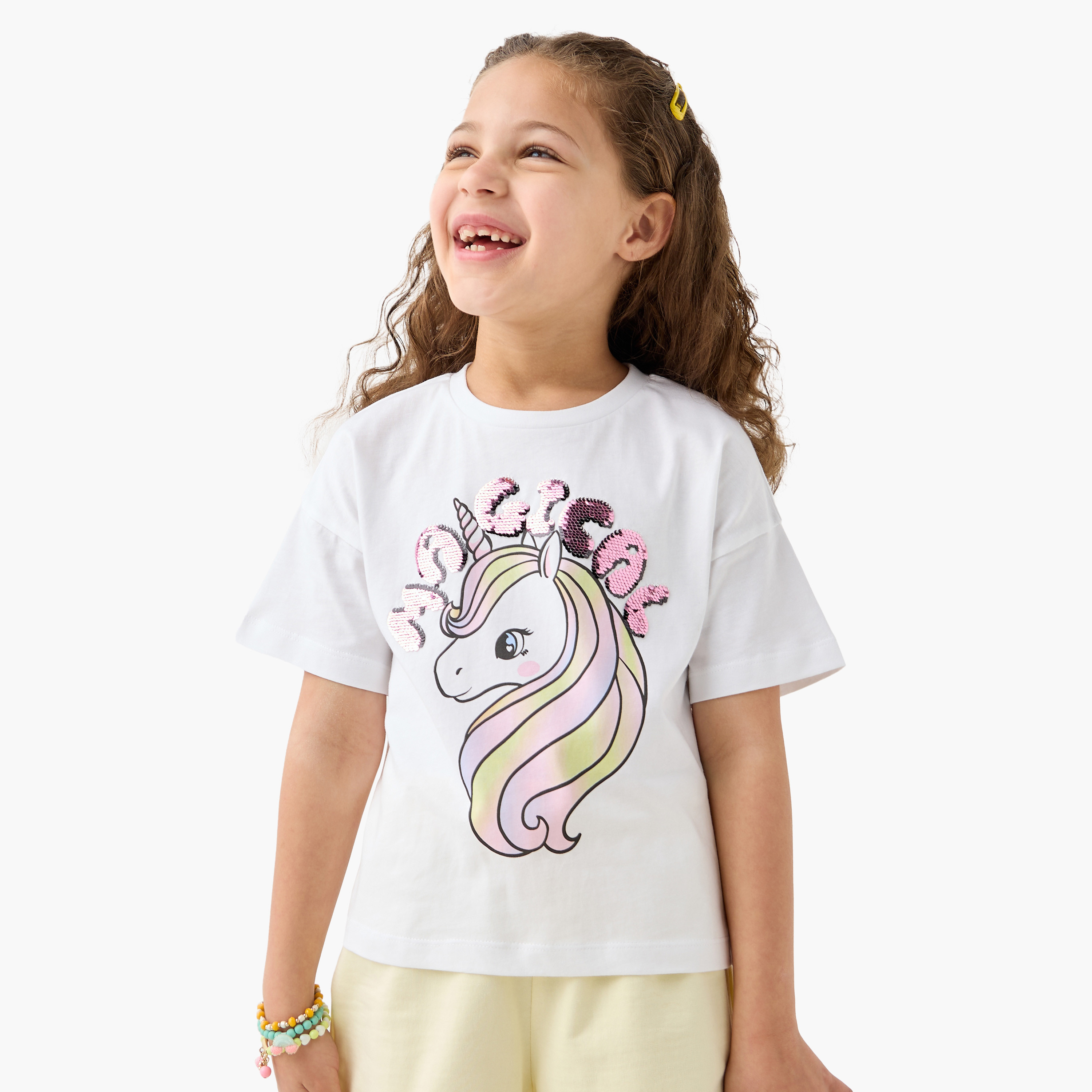 Juniors Unicorn Sequinned T-shirt with Short Sleeves and Crew Neck-girls-clothing-tshirts-image-1