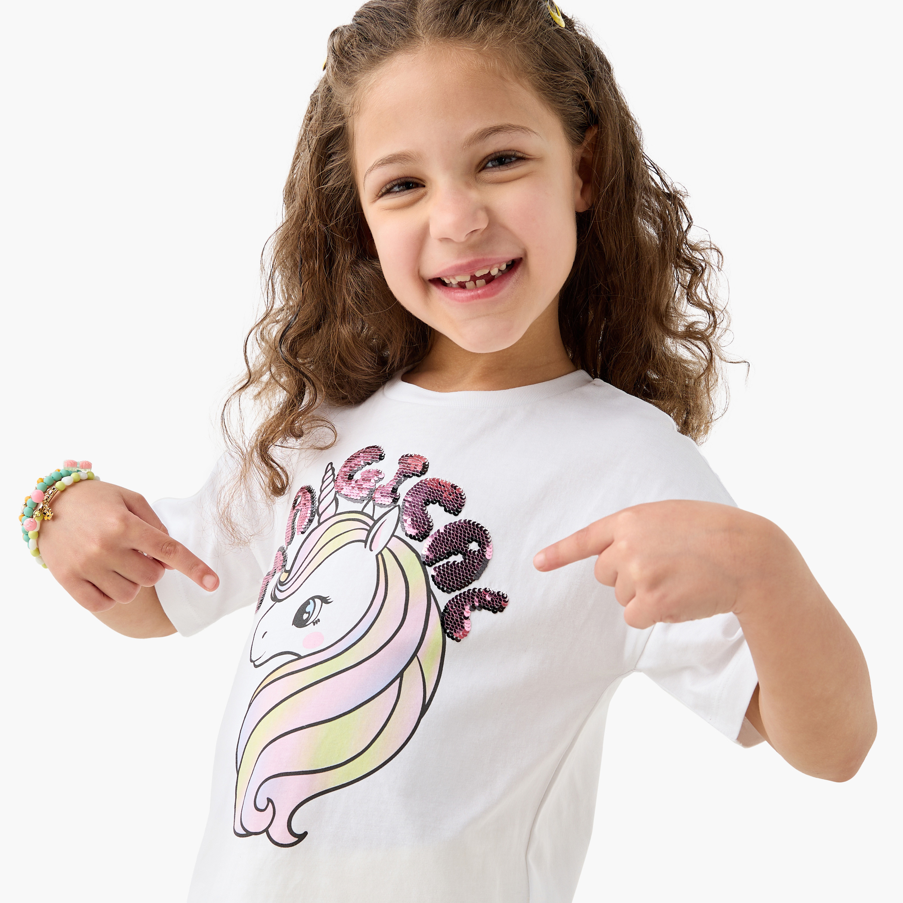 Juniors Unicorn Sequinned T-shirt with Short Sleeves and Crew Neck-girls-clothing-tshirts-image-4