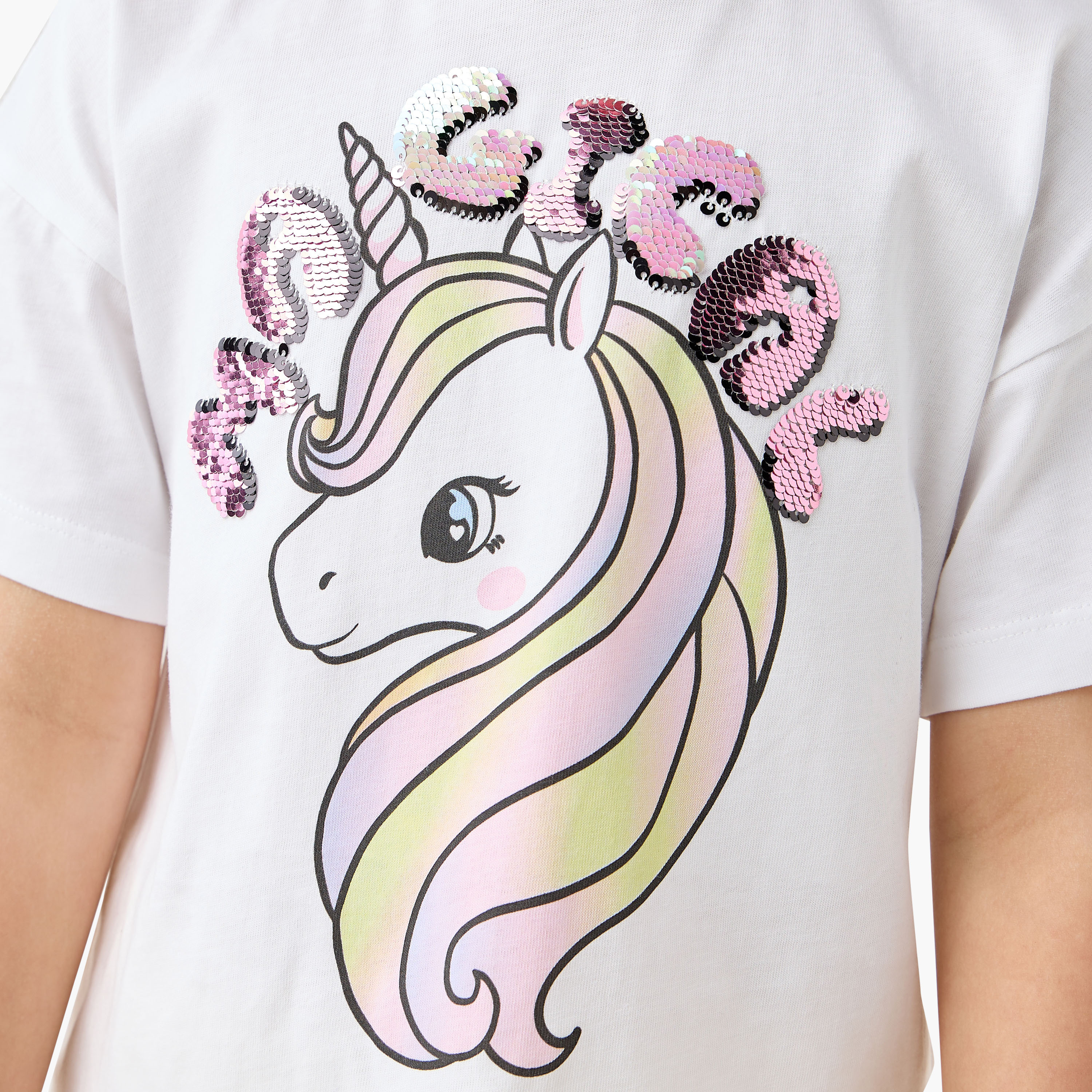 Juniors Unicorn Sequinned T-shirt with Short Sleeves and Crew Neck-girls-clothing-tshirts-image-5
