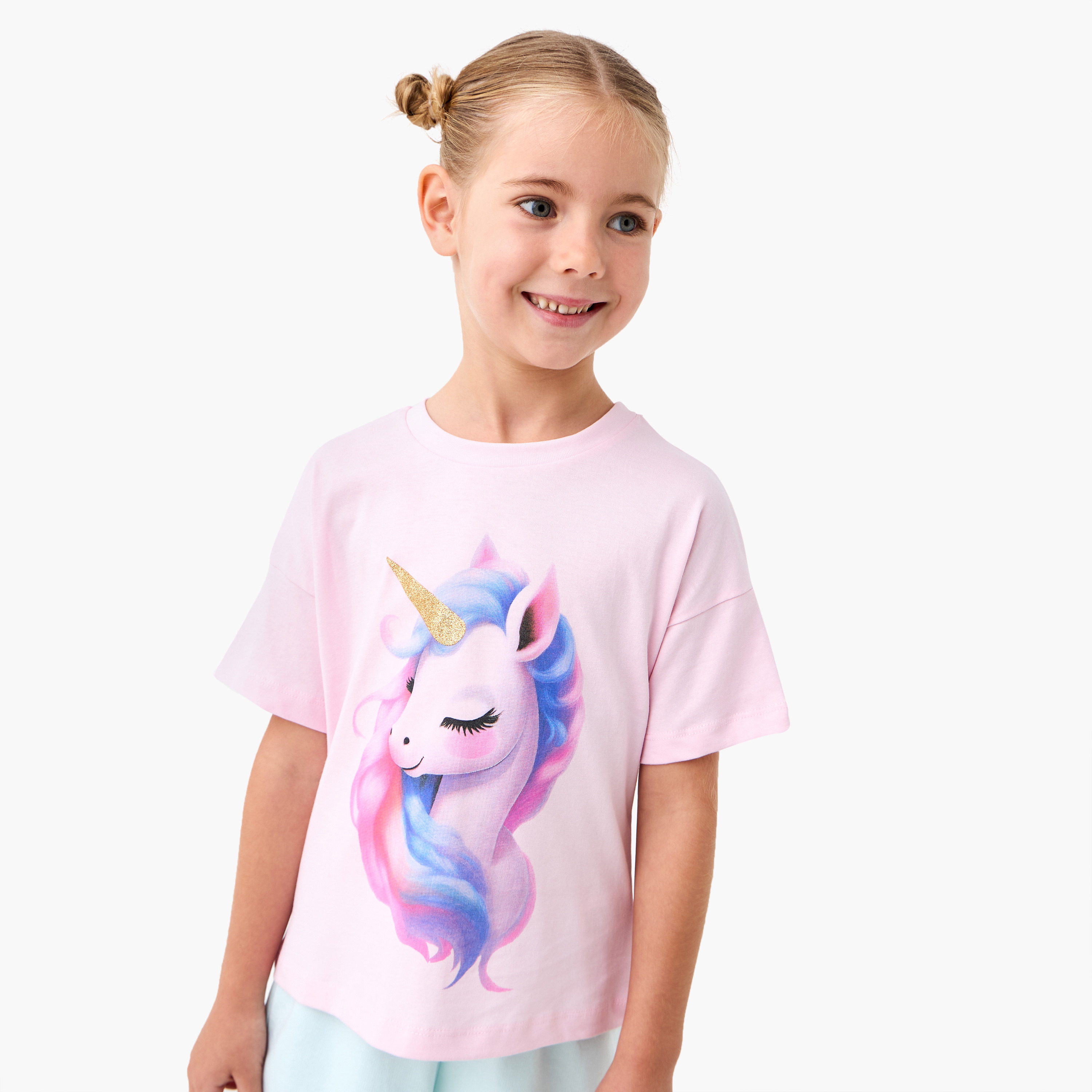 Juniors Unicorn Graphic Print T-shirt with Short Sleeves-girls-clothing-tshirts-image-1
