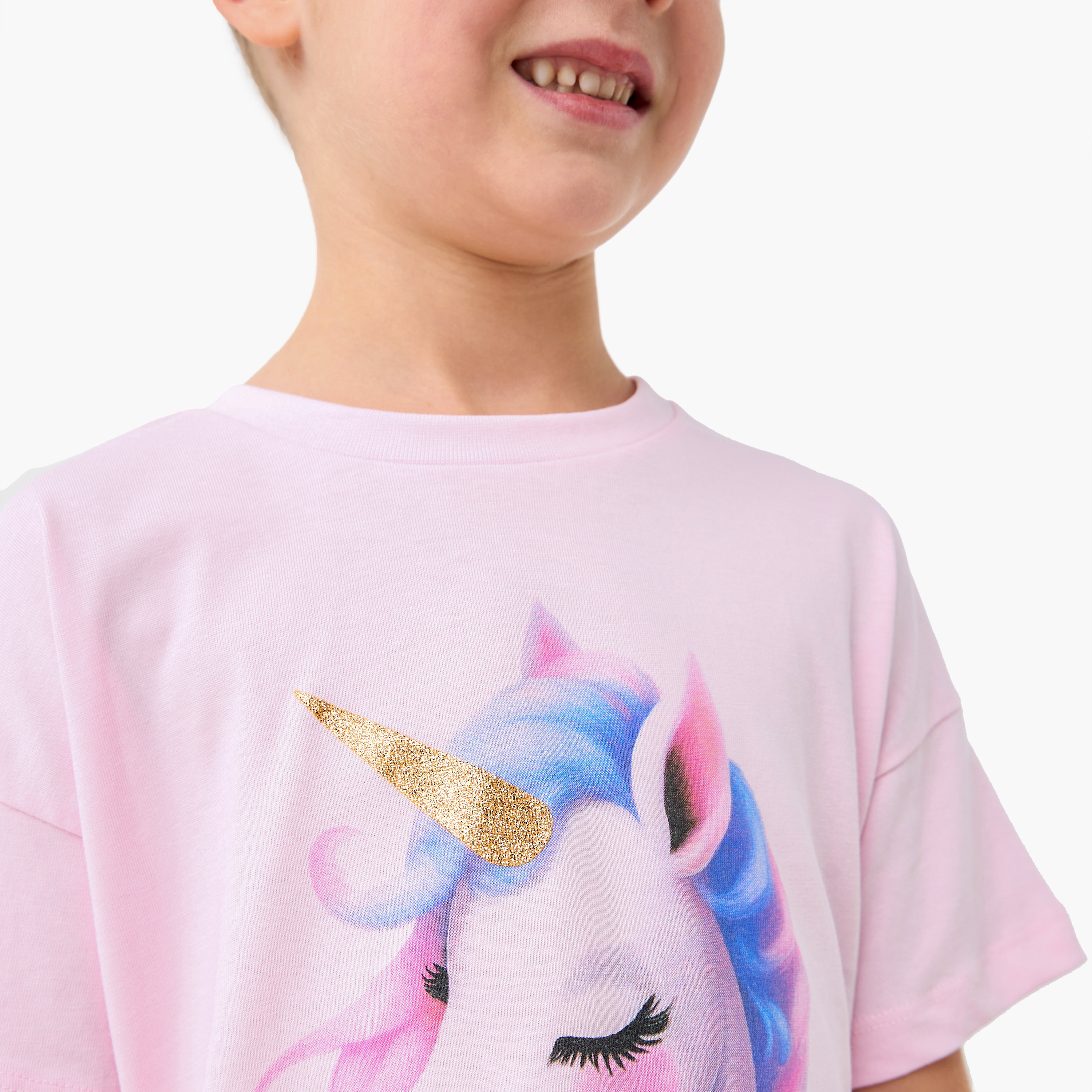 Juniors Unicorn Graphic Print T-shirt with Short Sleeves-girls-clothing-tshirts-image-4