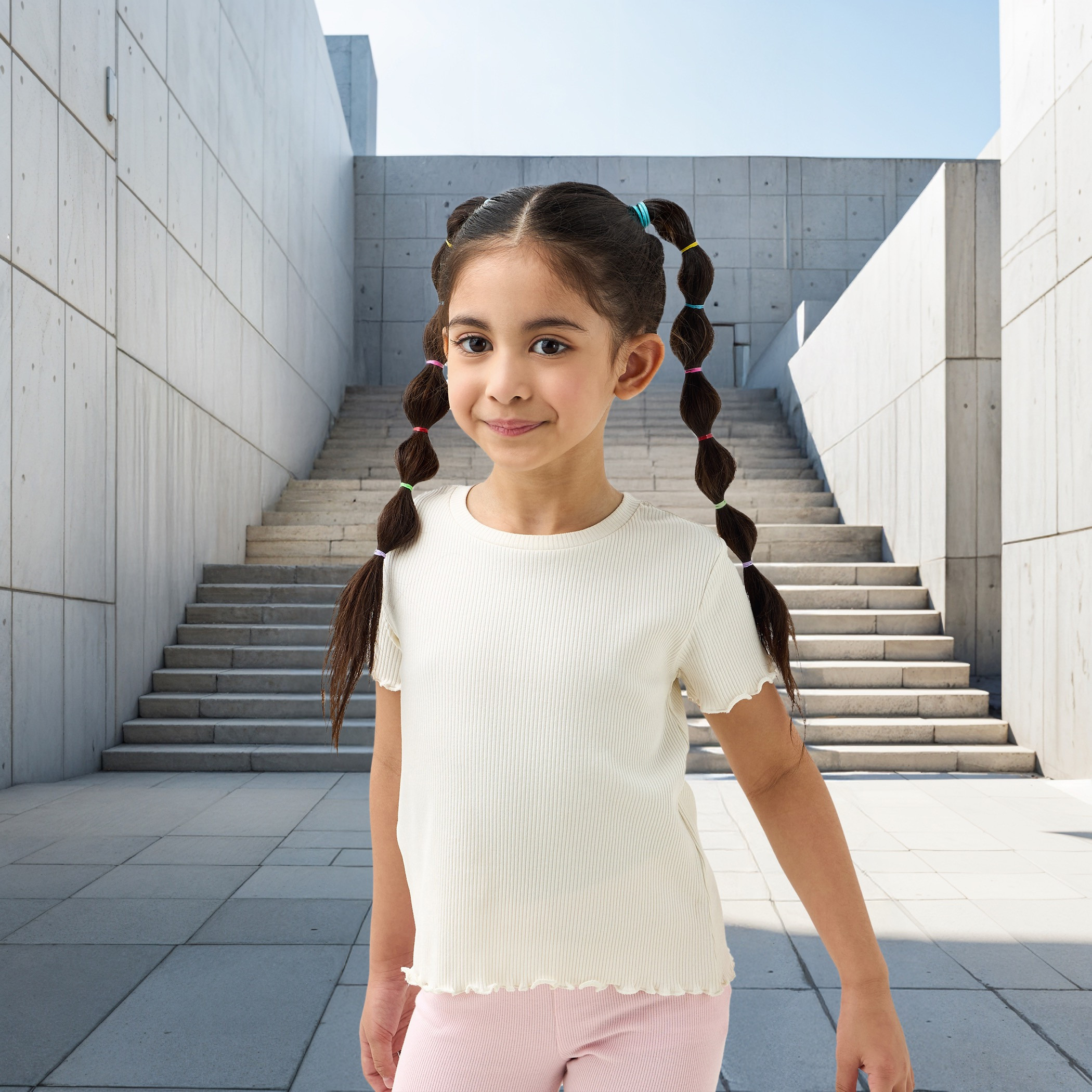 تيشيرت مضلع بأكمام قصيرة وحواف مموجة من جونيورز-girls-clothing-tshirts-image-1