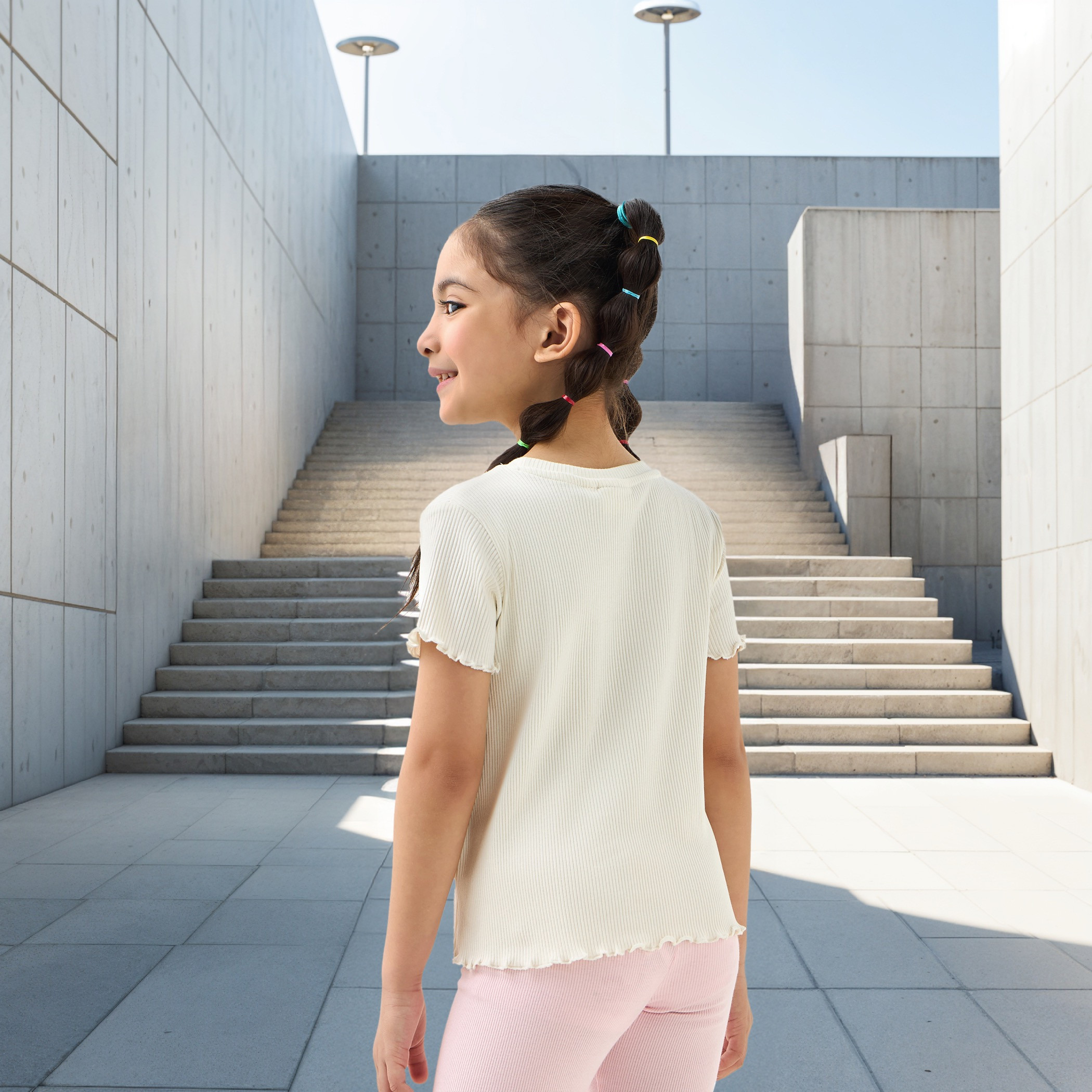 تيشيرت مضلع بأكمام قصيرة وحواف مموجة من جونيورز-girls-clothing-tshirts-image-3