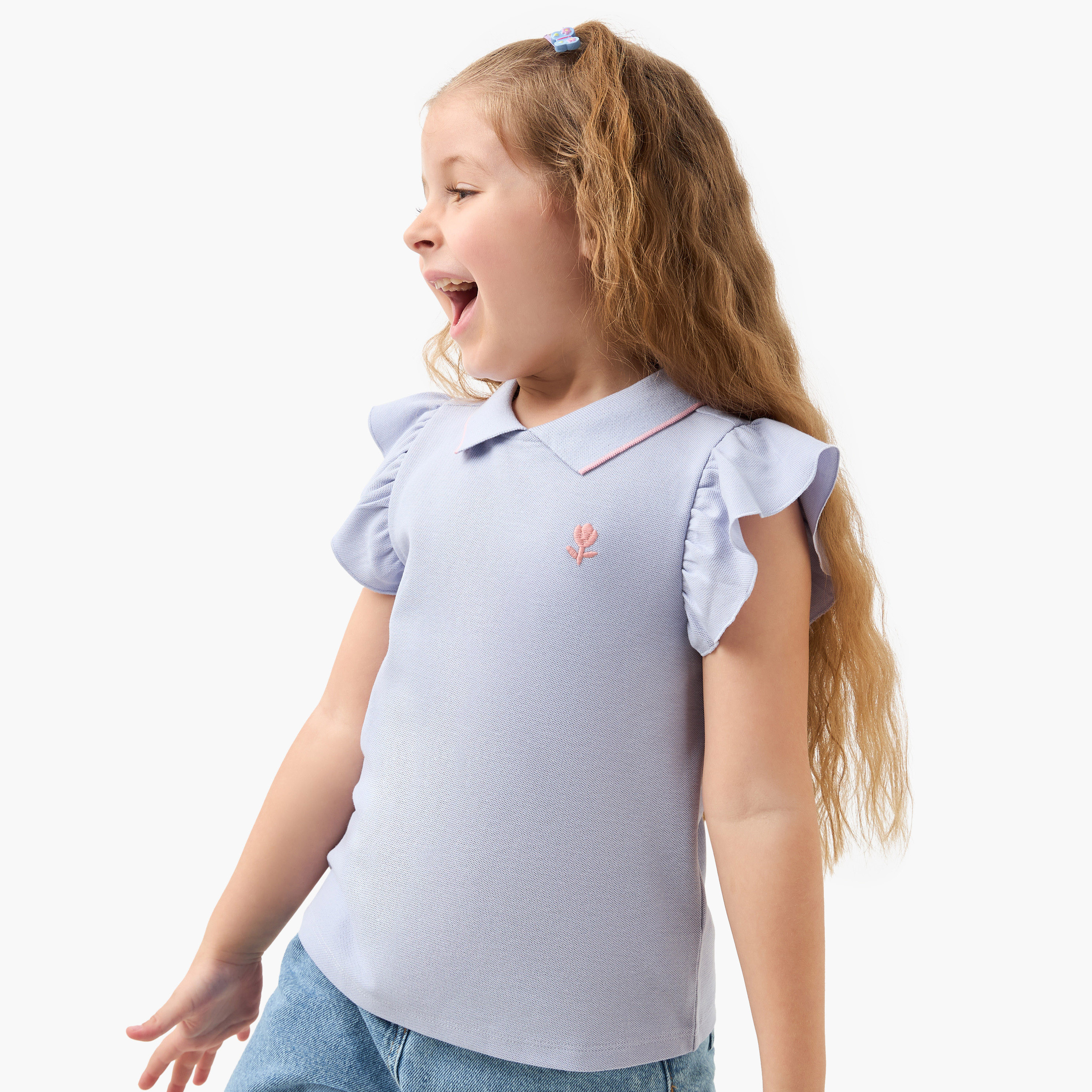 تيشيرت بولو بأكمام قصيرة وتفاصيل تطريز من جونيورز-girls-clothing-tshirts-image-5