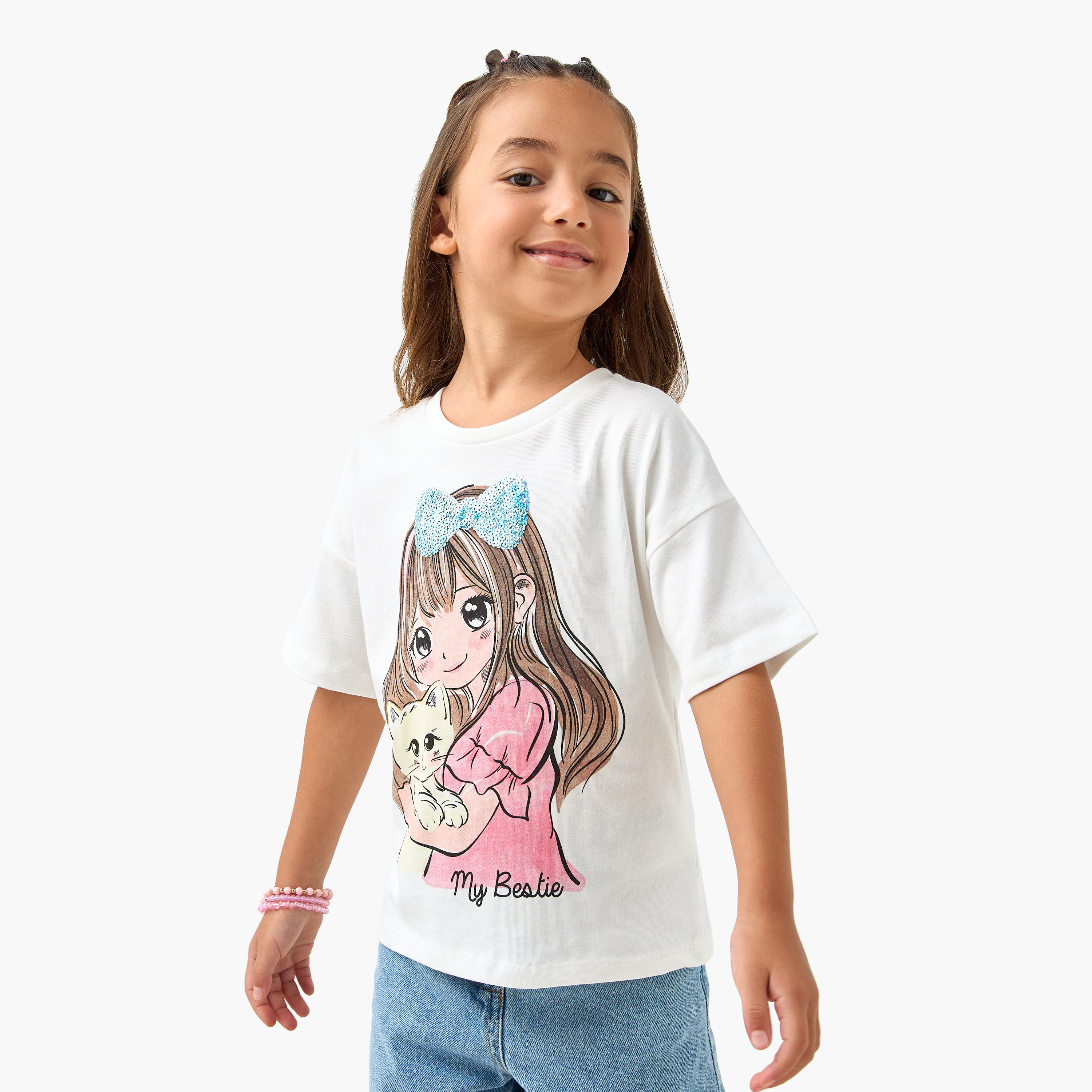 Juniors Graphic Print T-shirt with Drop Shoulder Sleeves-girls-clothing-tshirts-image-1