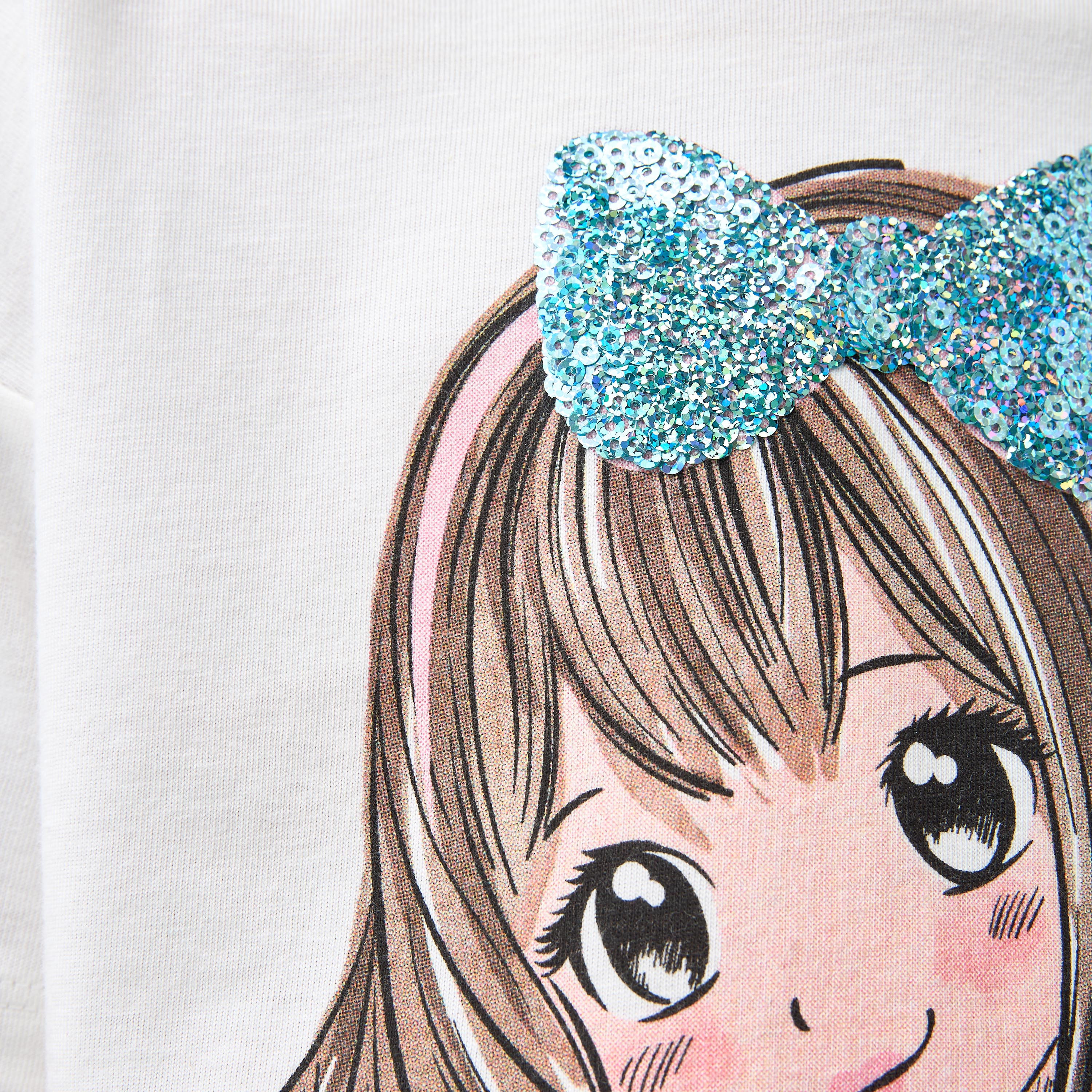Juniors Graphic Print T-shirt with Drop Shoulder Sleeves-girls-clothing-tshirts-image-5