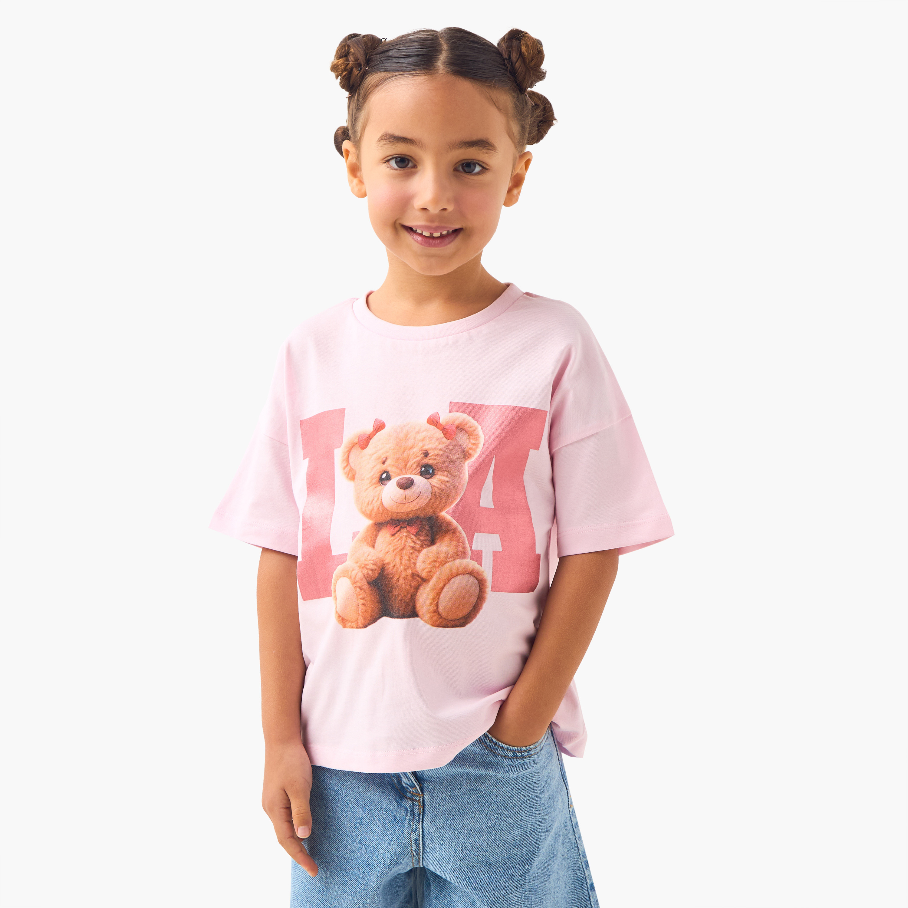 Juniors Teddy Bear Graphic Print T-shirt with Short Sleeves-girls-clothing-tshirts-image-1